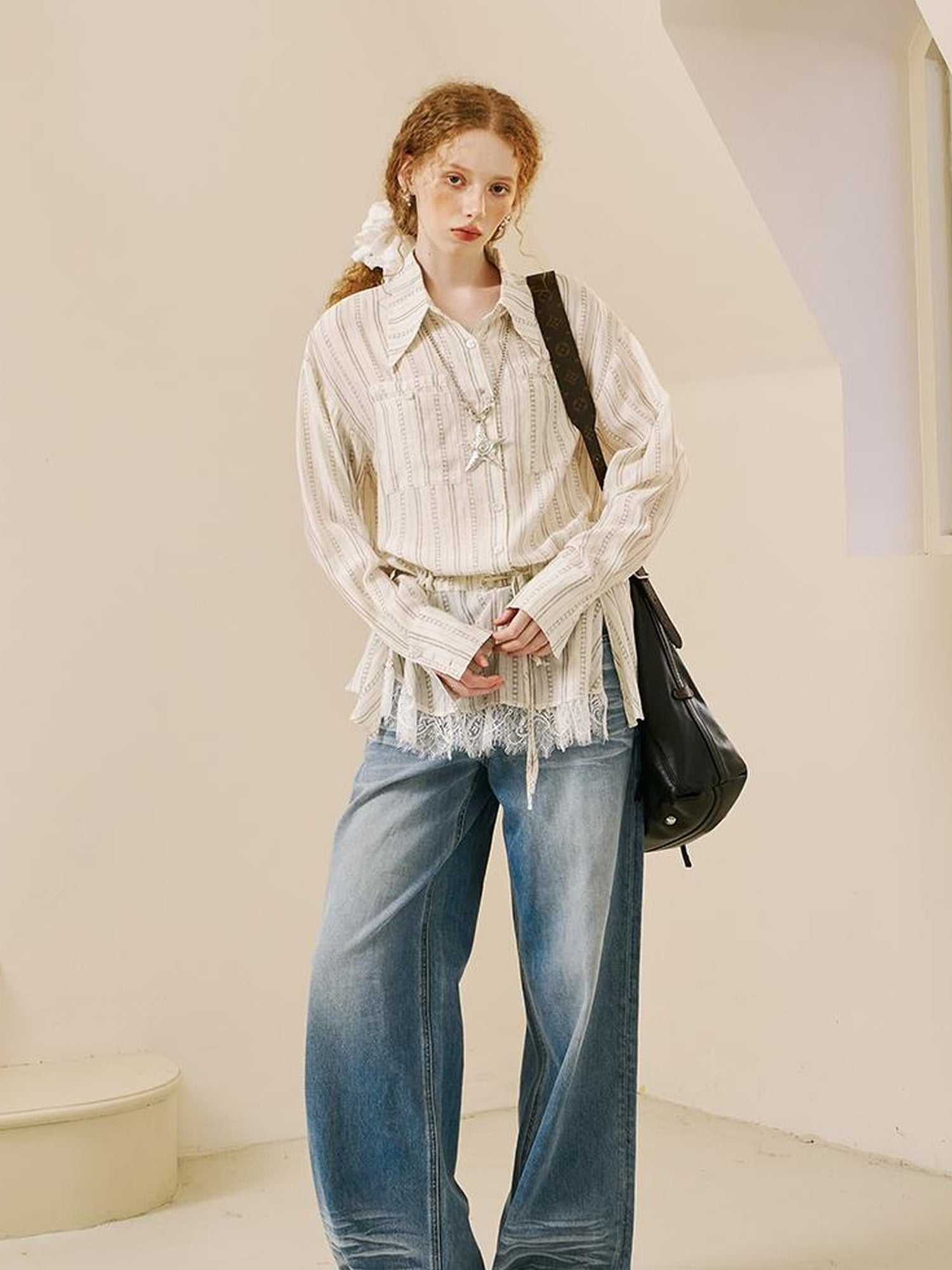 DIDDI MODA V Neck Embroidered Denim Shirt Jeans Set