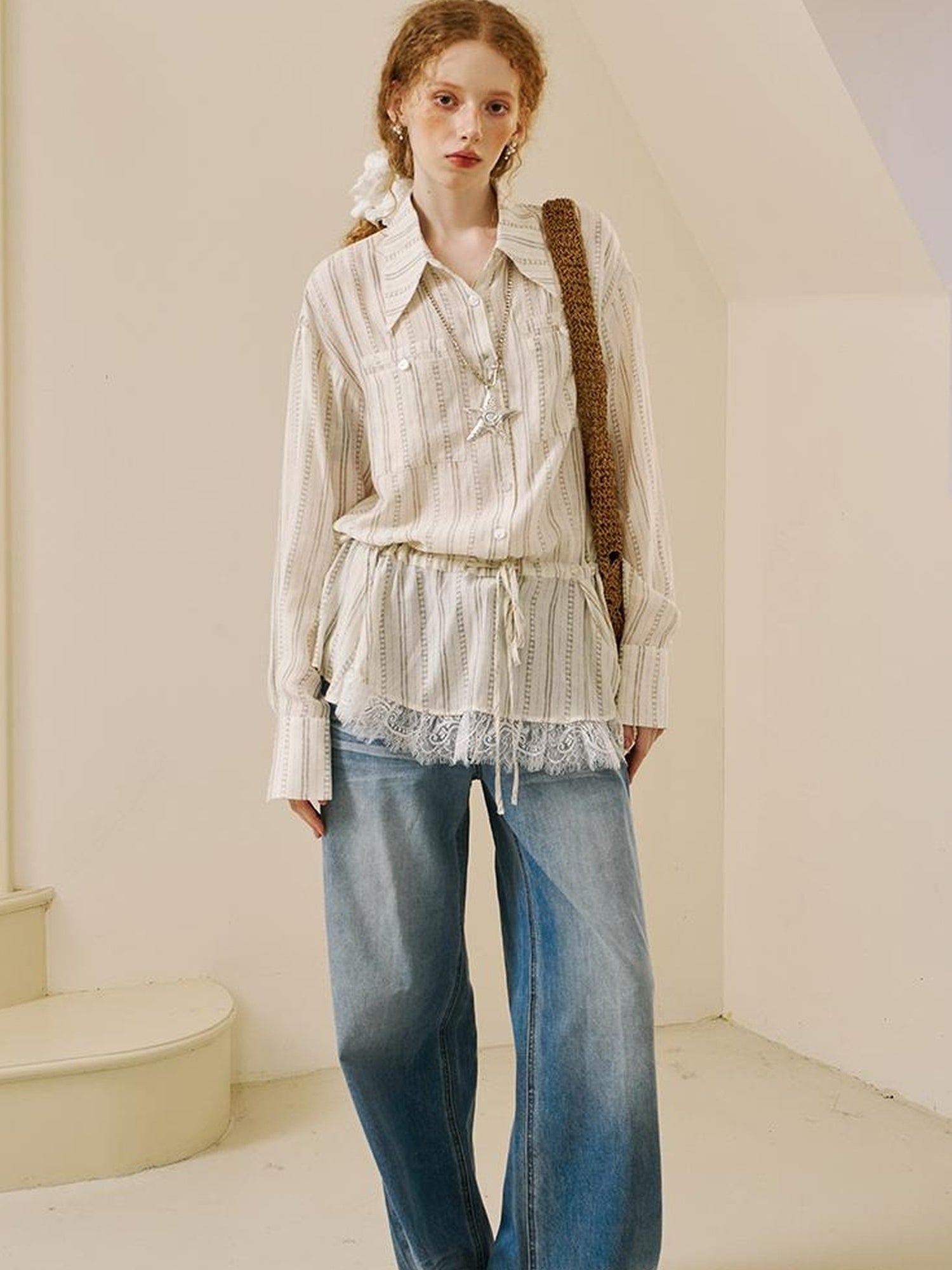 DIDDI MODA V Neck Embroidered Denim Shirt Jeans Set