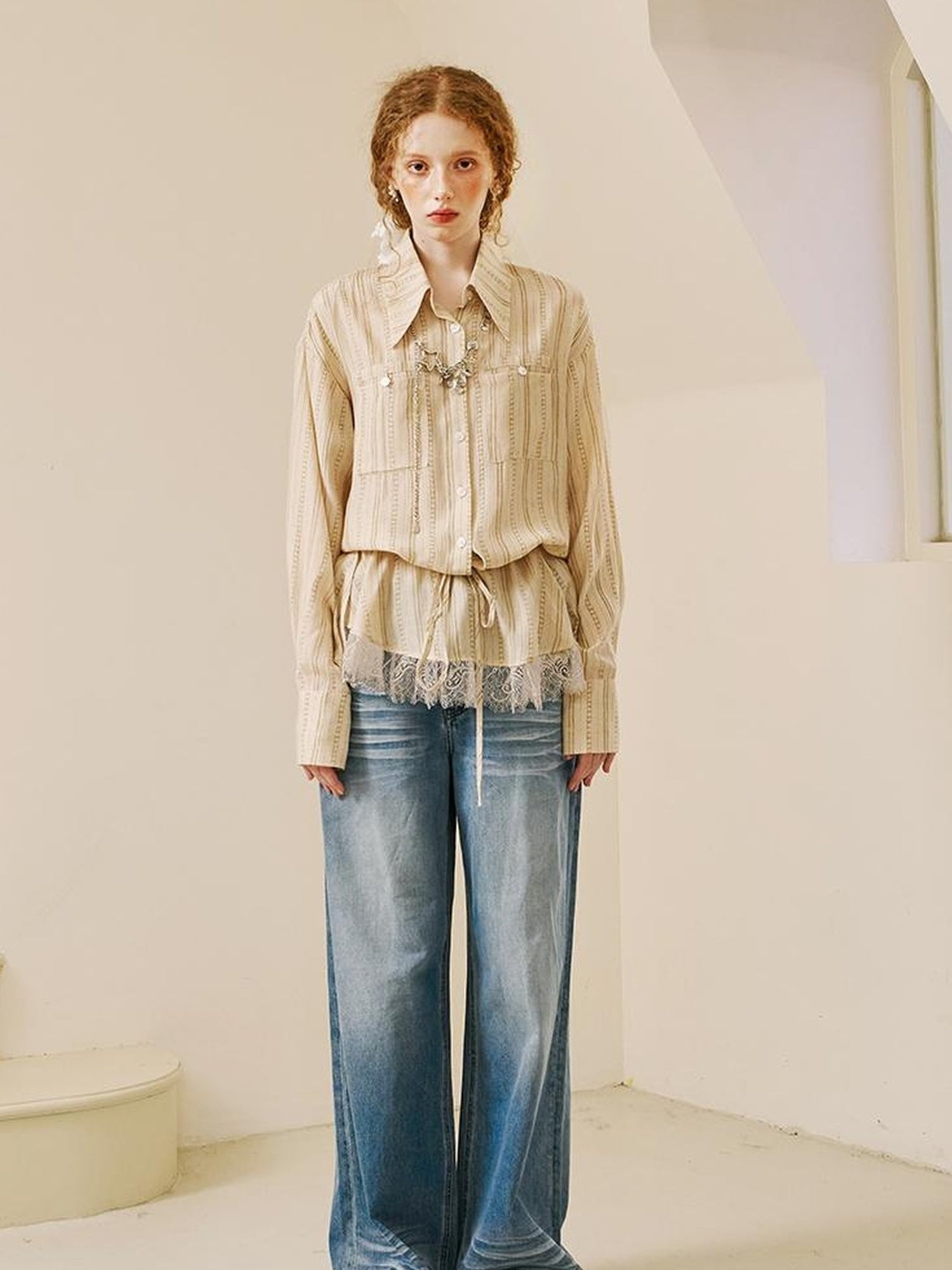 DIDDI MODA V Neck Embroidered Denim Shirt Jeans Set