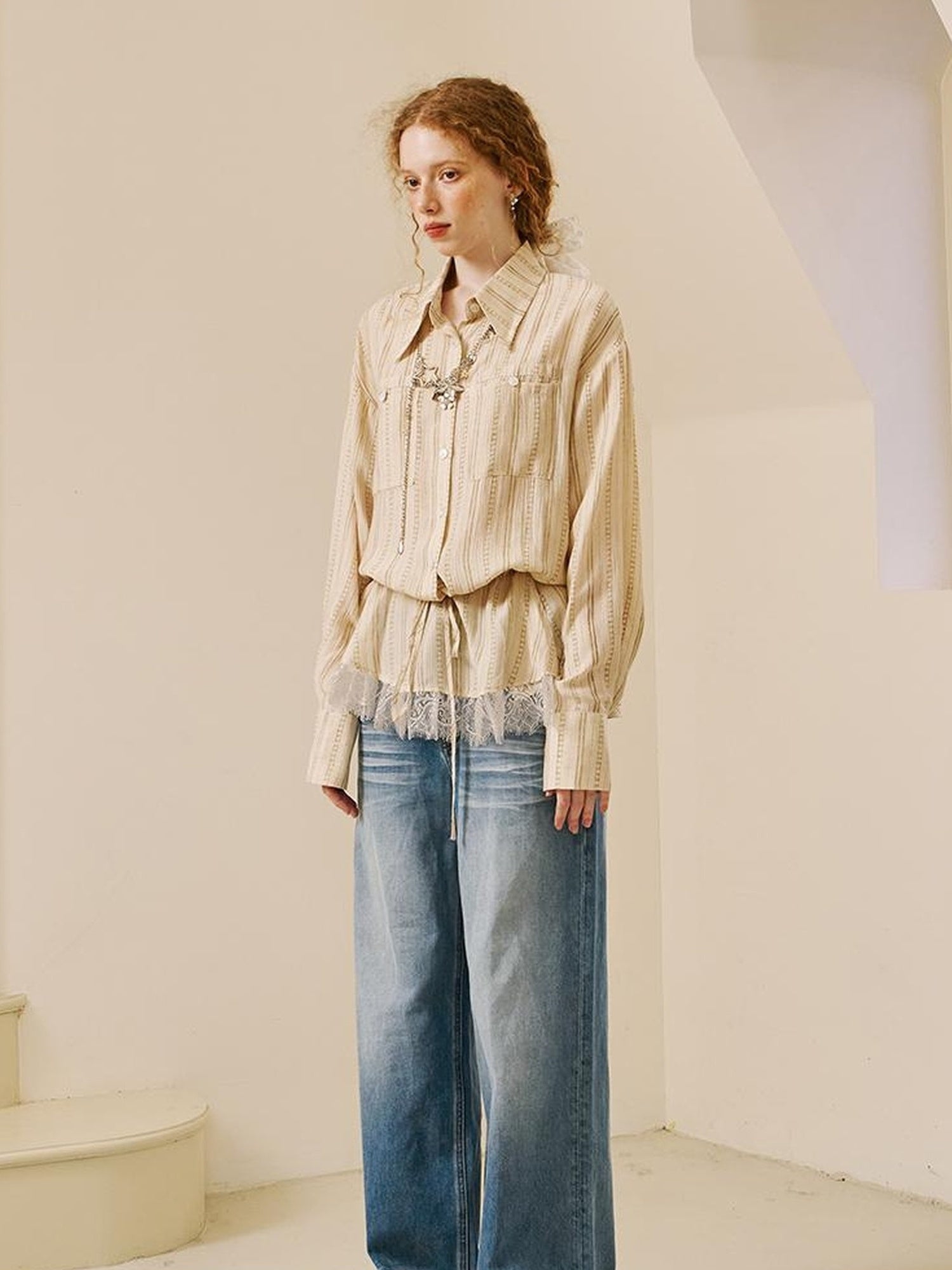 DIDDI MODA V Neck Embroidered Denim Shirt Jeans Set