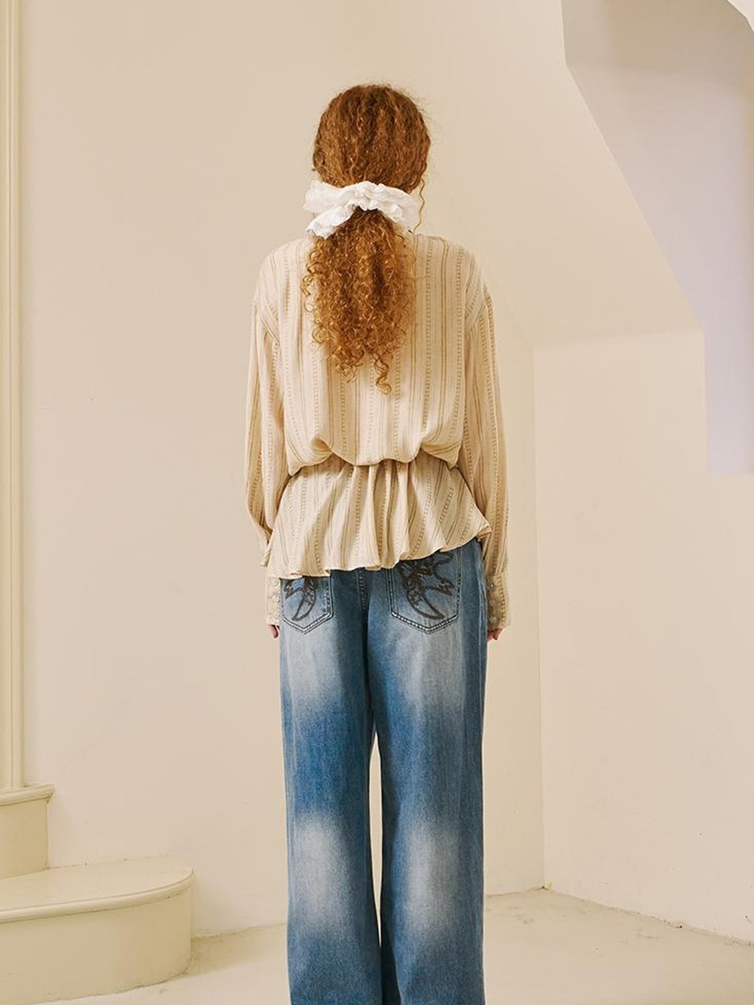 DIDDI MODA V Neck Embroidered Denim Shirt Jeans Set