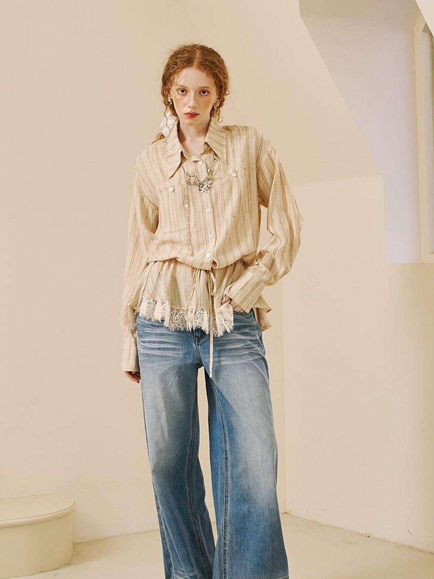 DIDDI MODA V Neck Embroidered Denim Shirt Jeans Set