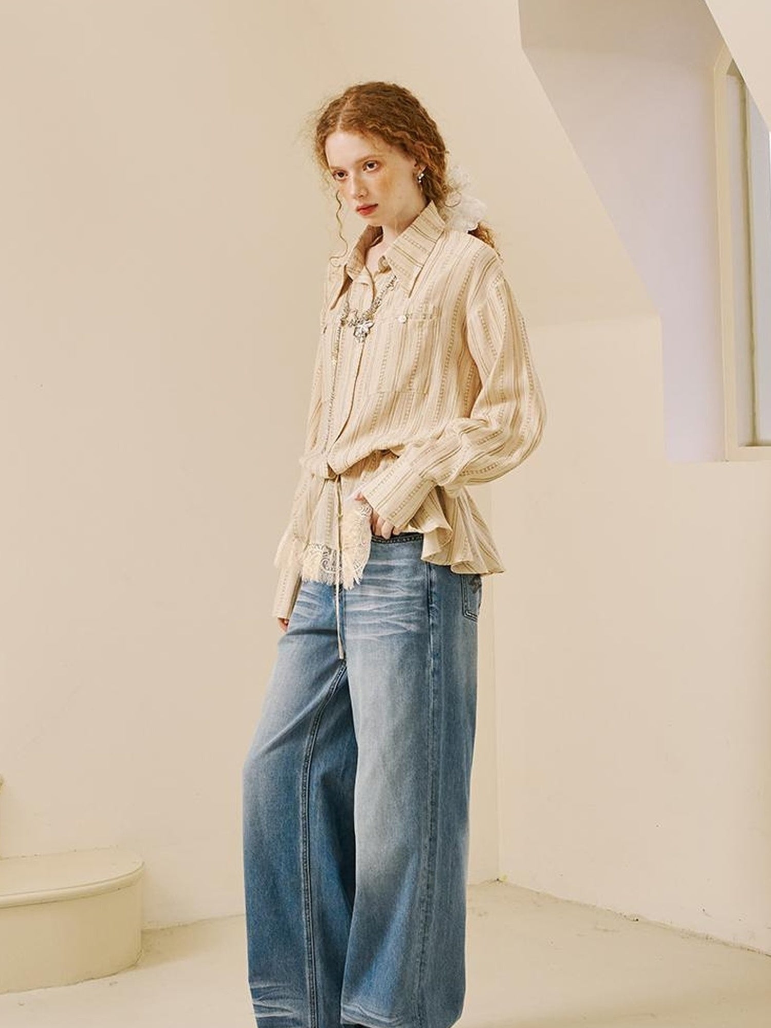 DIDDI MODA V Neck Embroidered Denim Shirt Jeans Set