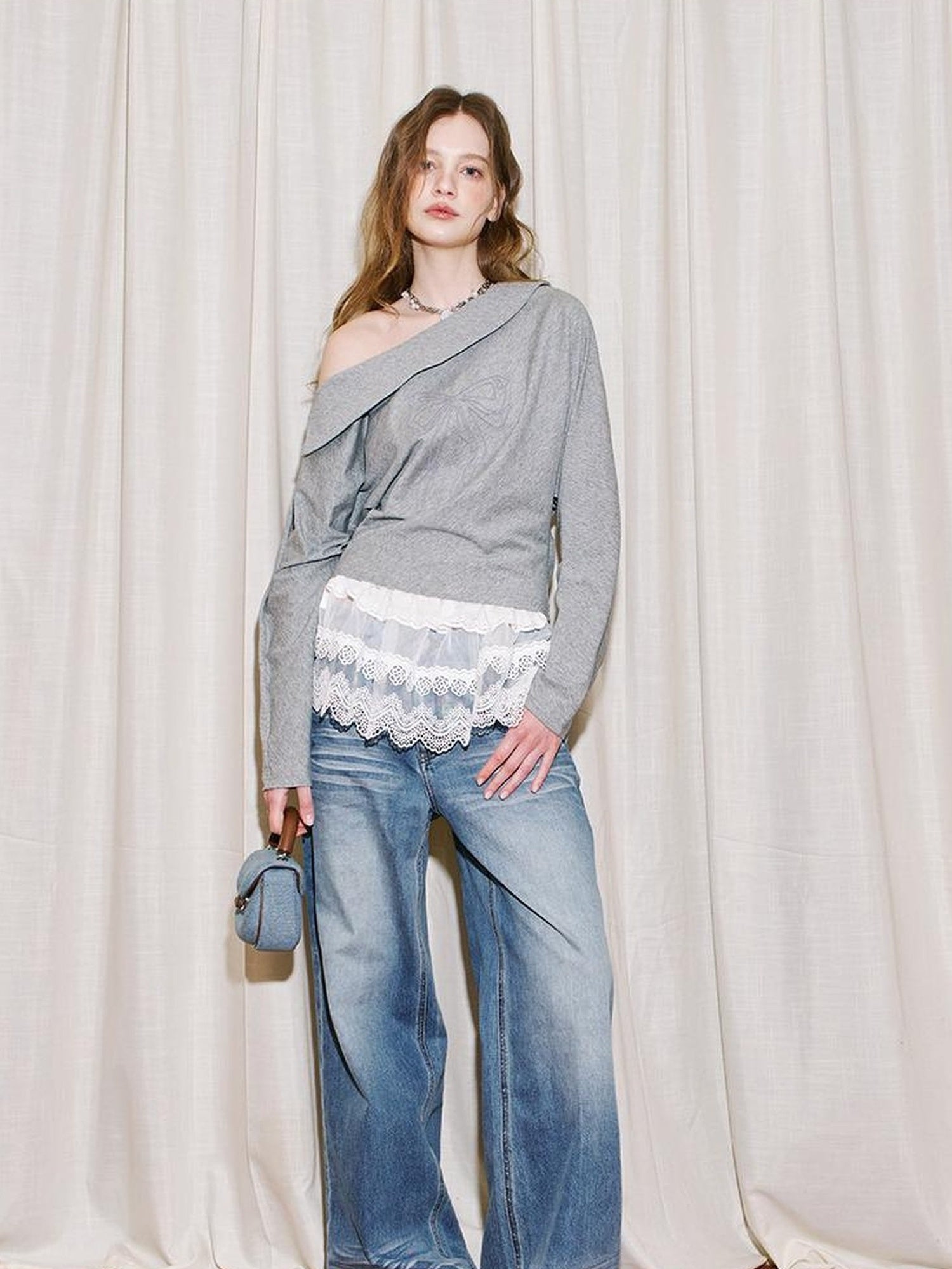 DIDDI MODA V Neck Embroidered Denim Shirt Jeans Set