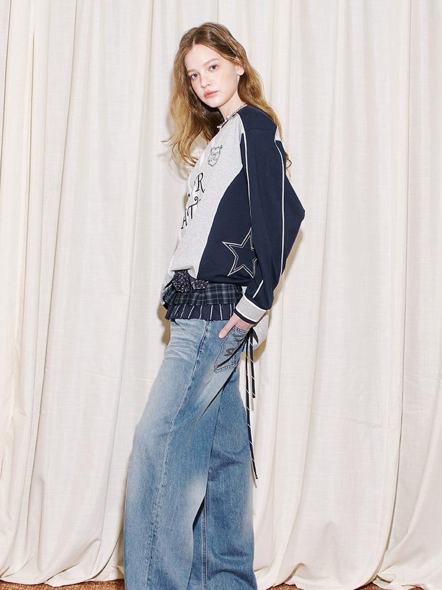 DIDDI MODA V Neck Embroidered Denim Shirt Jeans Set