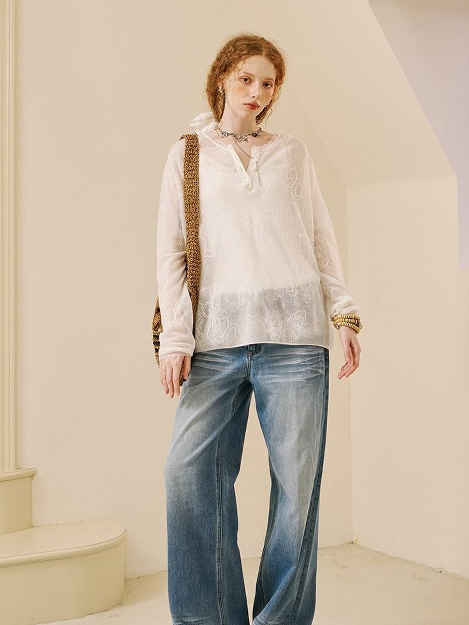 DIDDI MODA V Neck Embroidered Denim Shirt Jeans Set