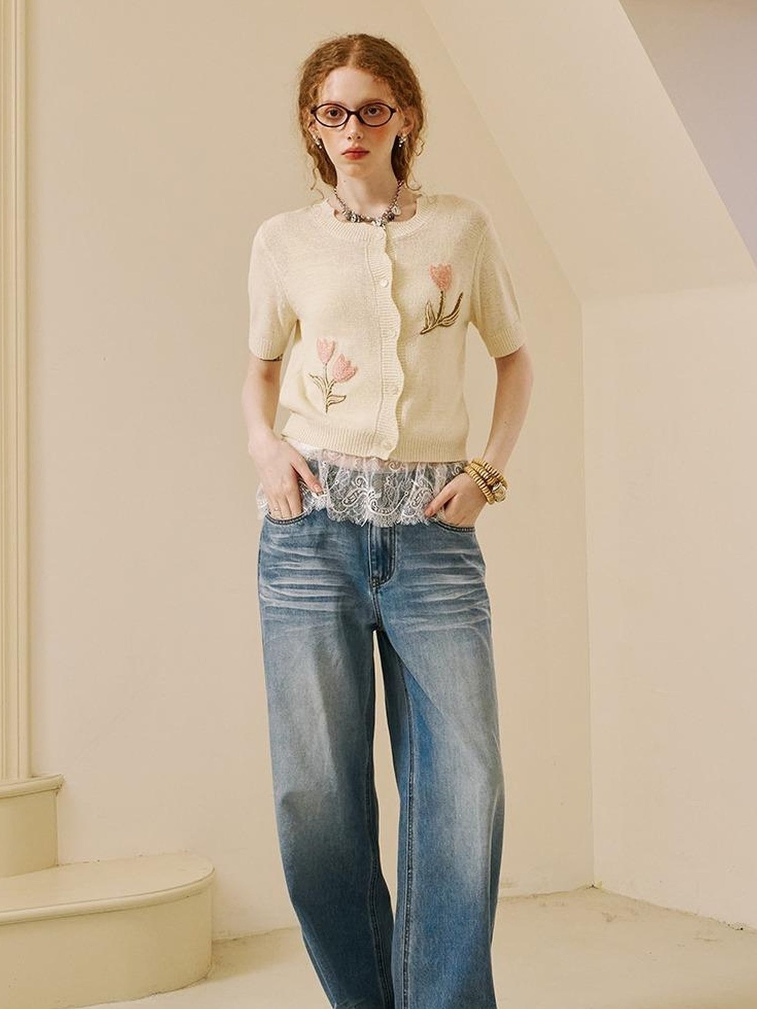 DIDDI MODA V Neck Embroidered Denim Shirt Jeans Set