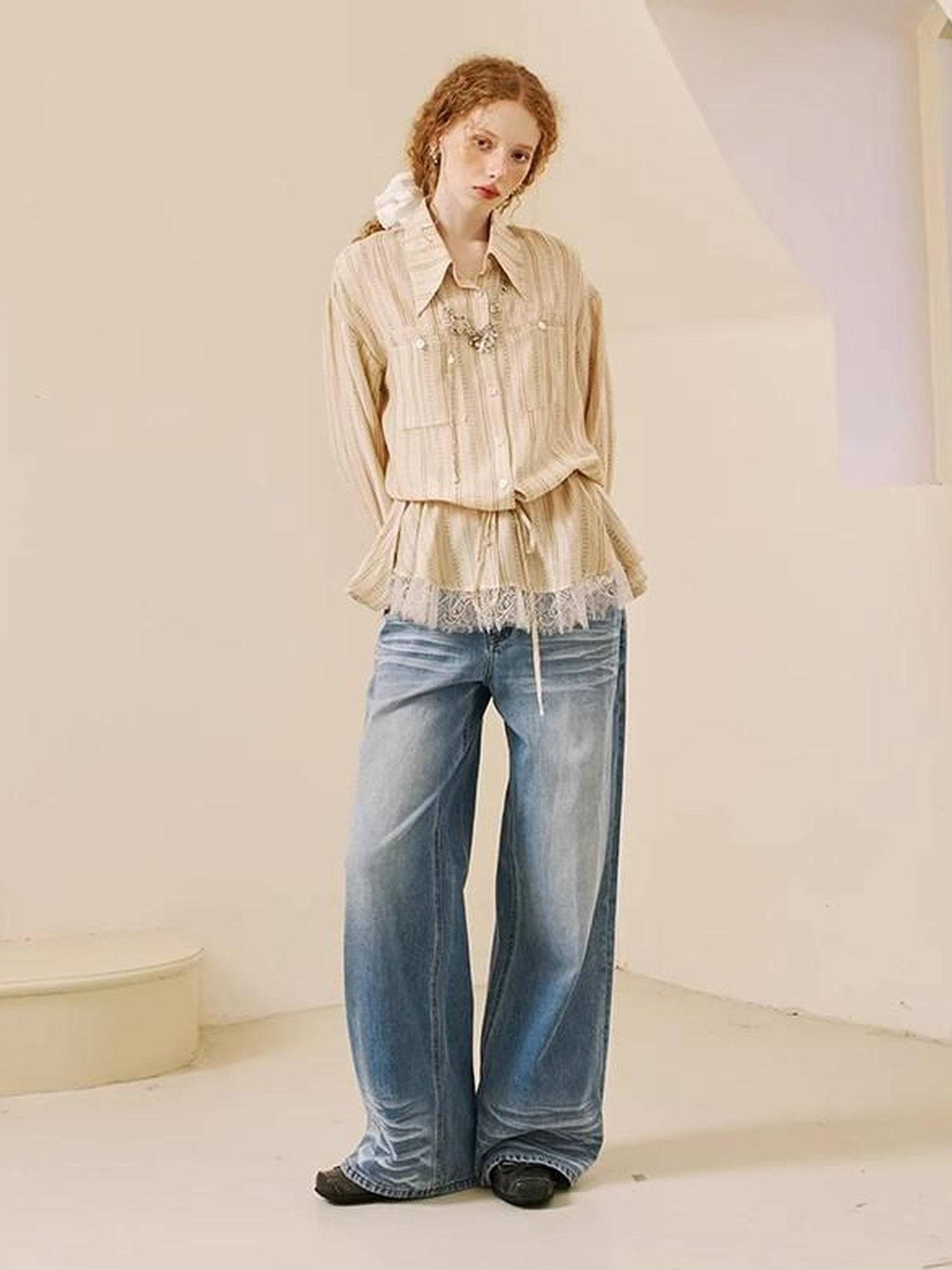 DIDDI MODA V Neck Embroidered Denim Shirt Jeans Set