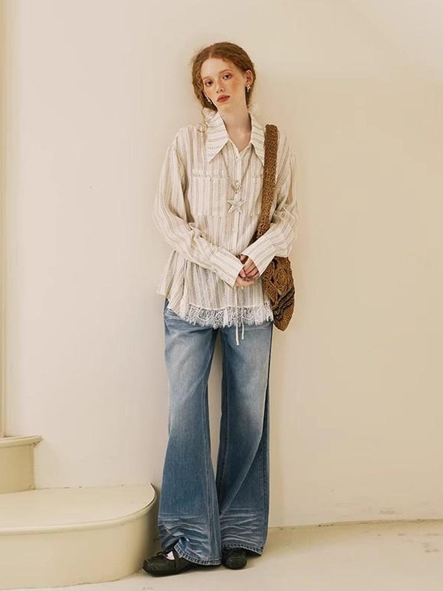 DIDDI MODA V Neck Embroidered Denim Shirt Jeans Set