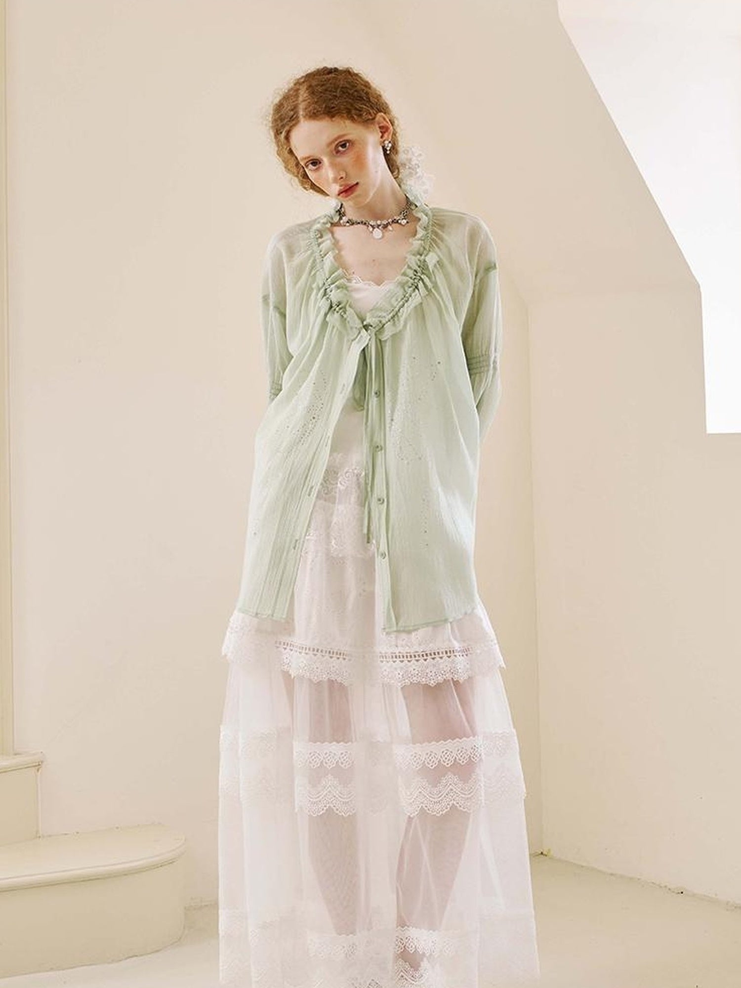 DIDDI MODA V Neck Embroidered Denim Shirt Jeans Set