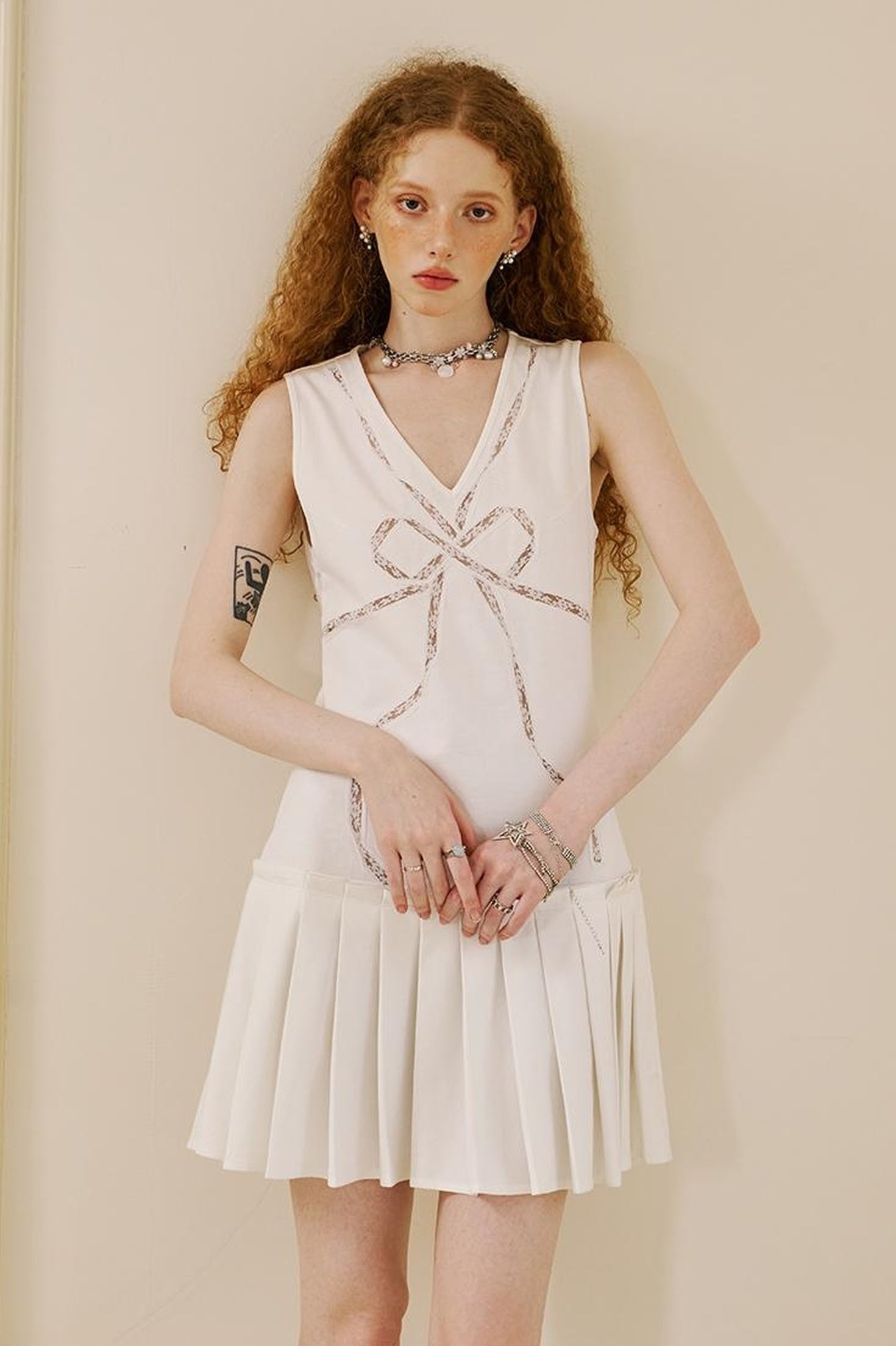 DIDDI MODA V Neck Lace Bow Ruffle Knit Dress Asymmetrical Tie Waist A Line Dress