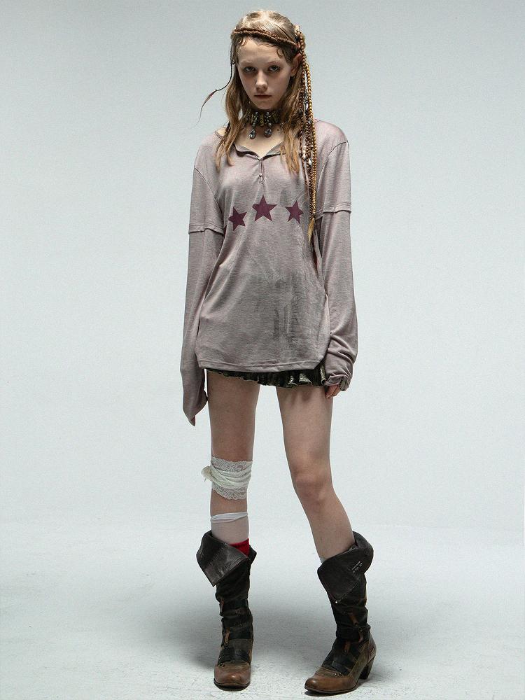 V Neck Loose Long Sleeve Sunscreen Printed T Shirt