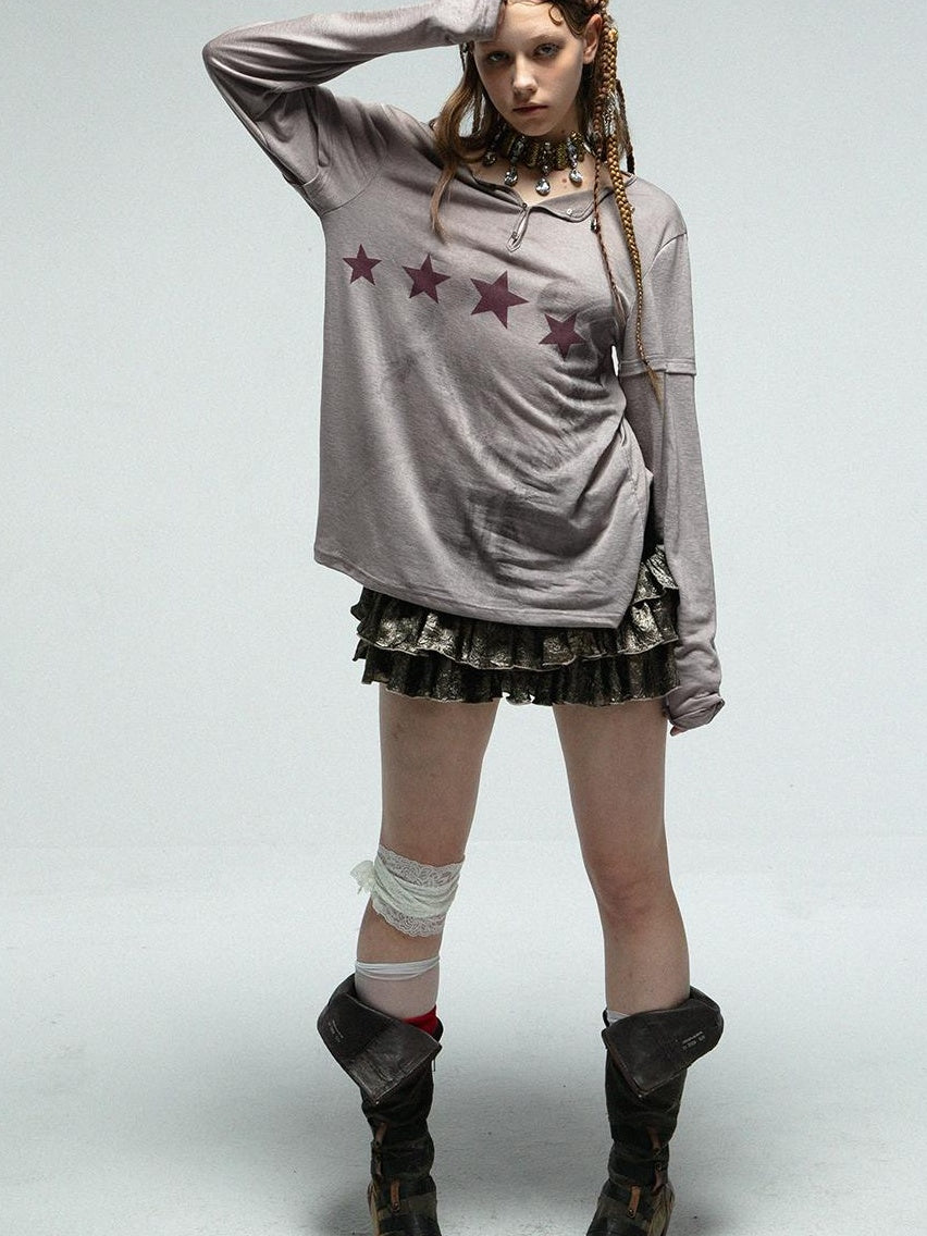 V Neck Loose Long Sleeve Sunscreen Printed T Shirt