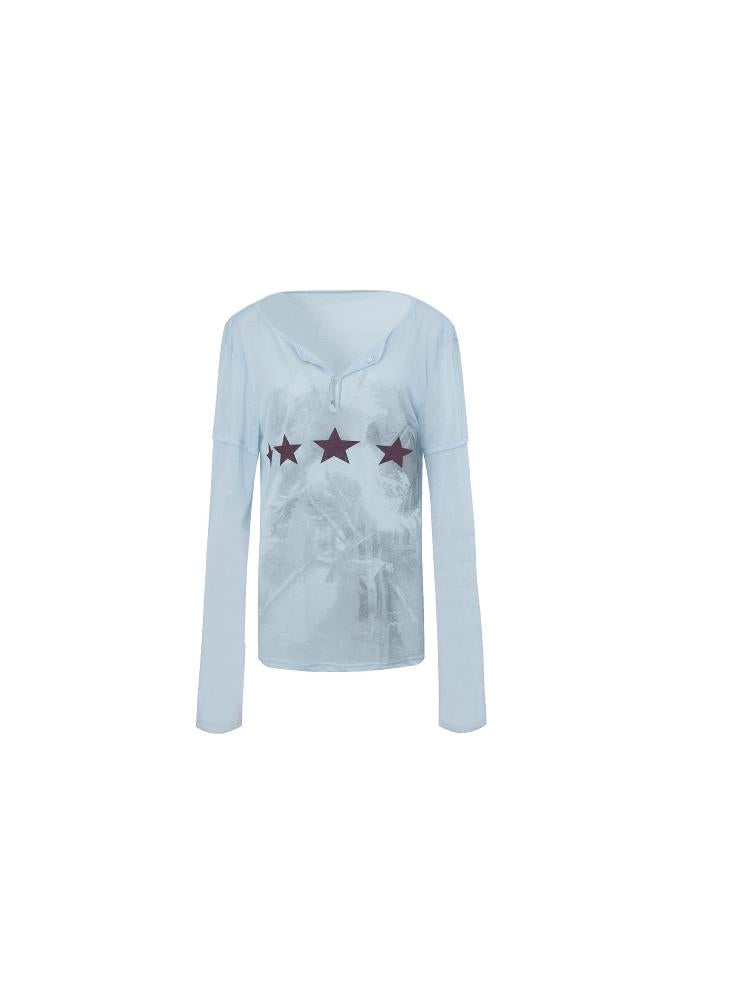 V Neck Loose Long Sleeve Sunscreen Printed T Shirt