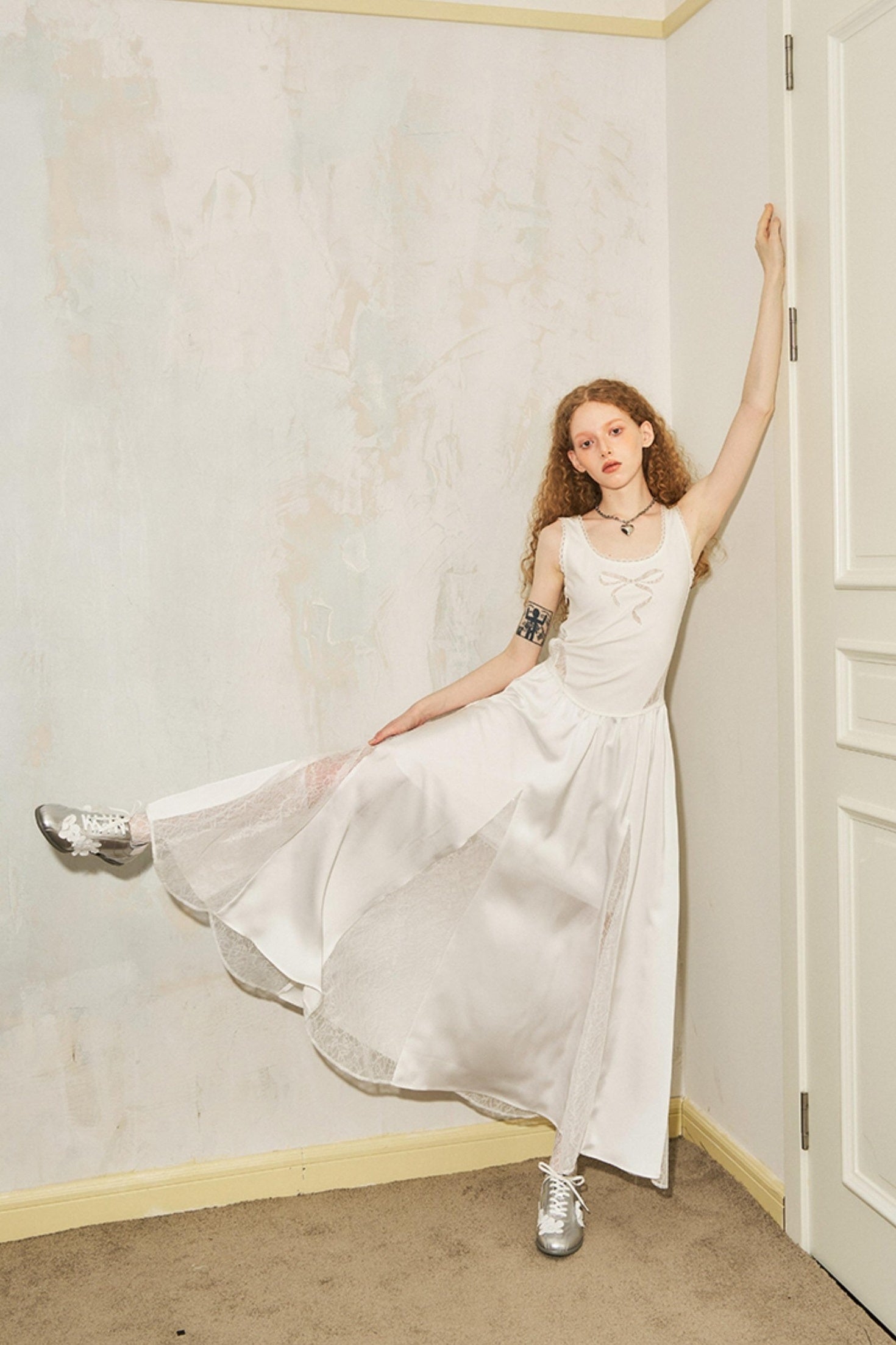 DIDDI MODA Vacation Lace Bow A Line Dress With Floral Embroidery