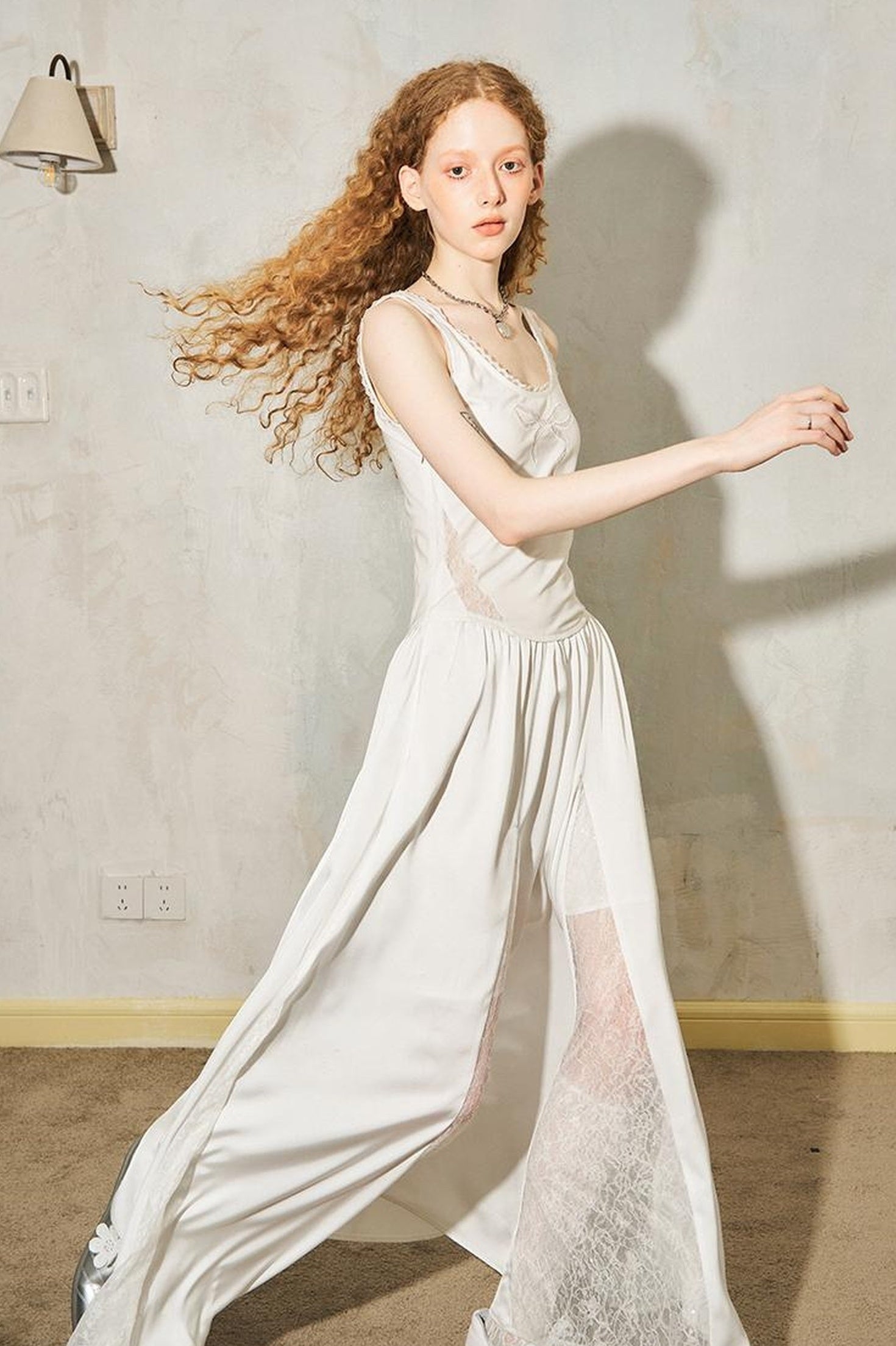 DIDDI MODA Vacation Lace Bow A Line Dress With Floral Embroidery