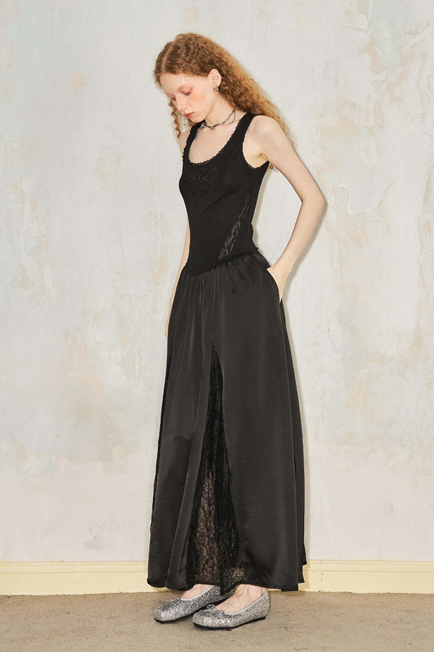 DIDDI MODA Vacation Lace Bow A Line Dress With Floral Embroidery