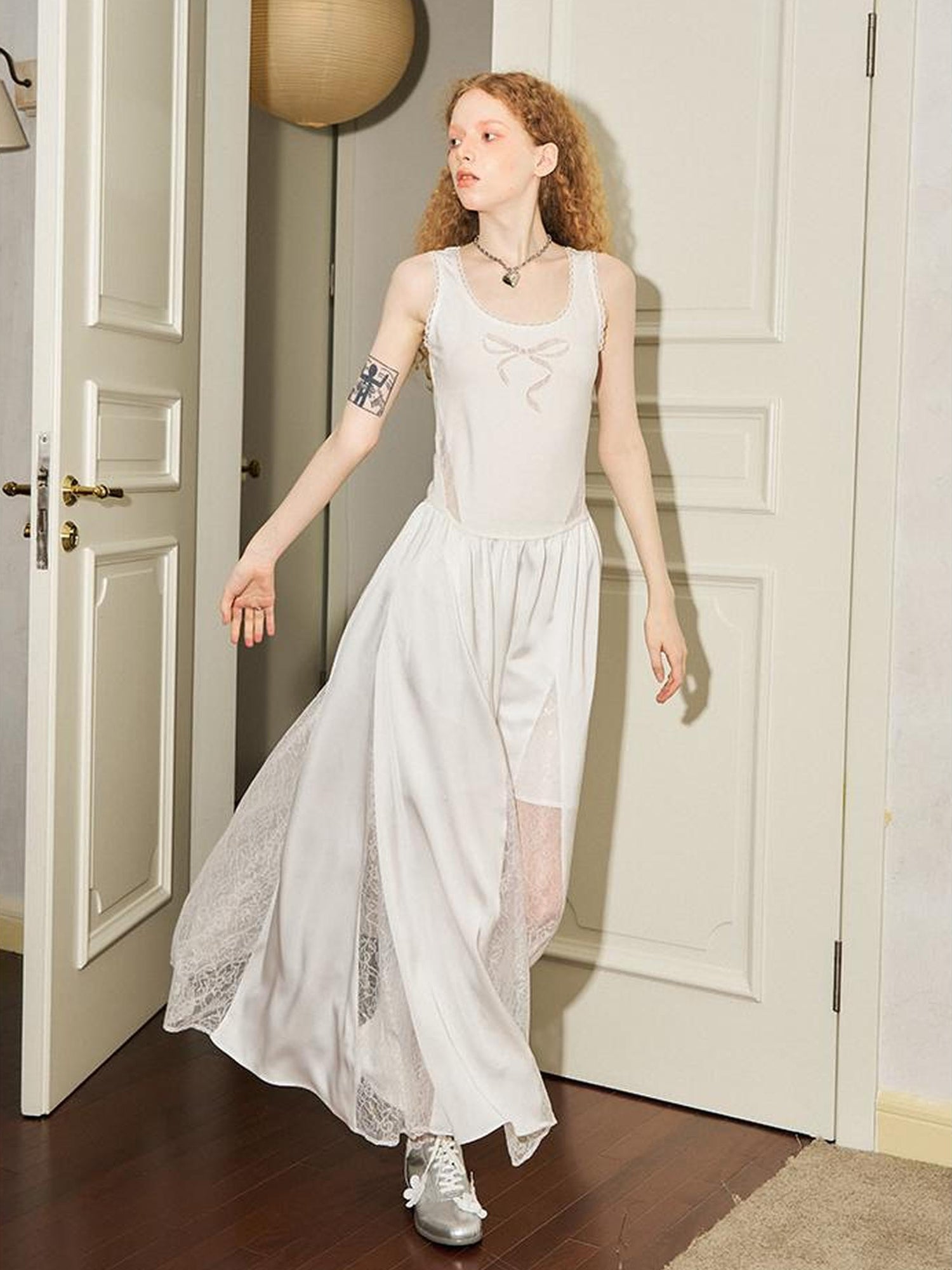 DIDDI MODA Vacation Lace Bow A Line Dress With Floral Embroidery