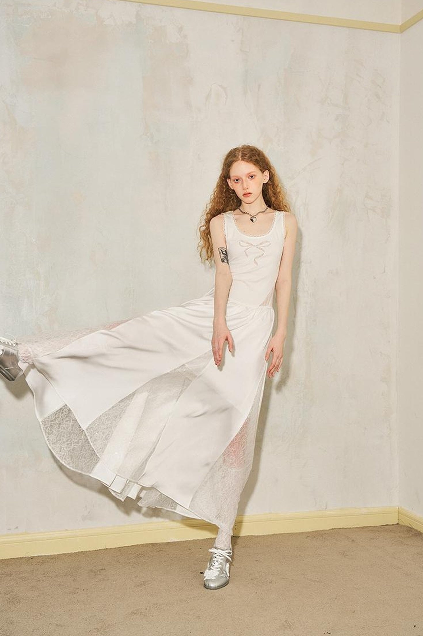 DIDDI MODA Vacation Lace Bow A Line Dress With Floral Embroidery