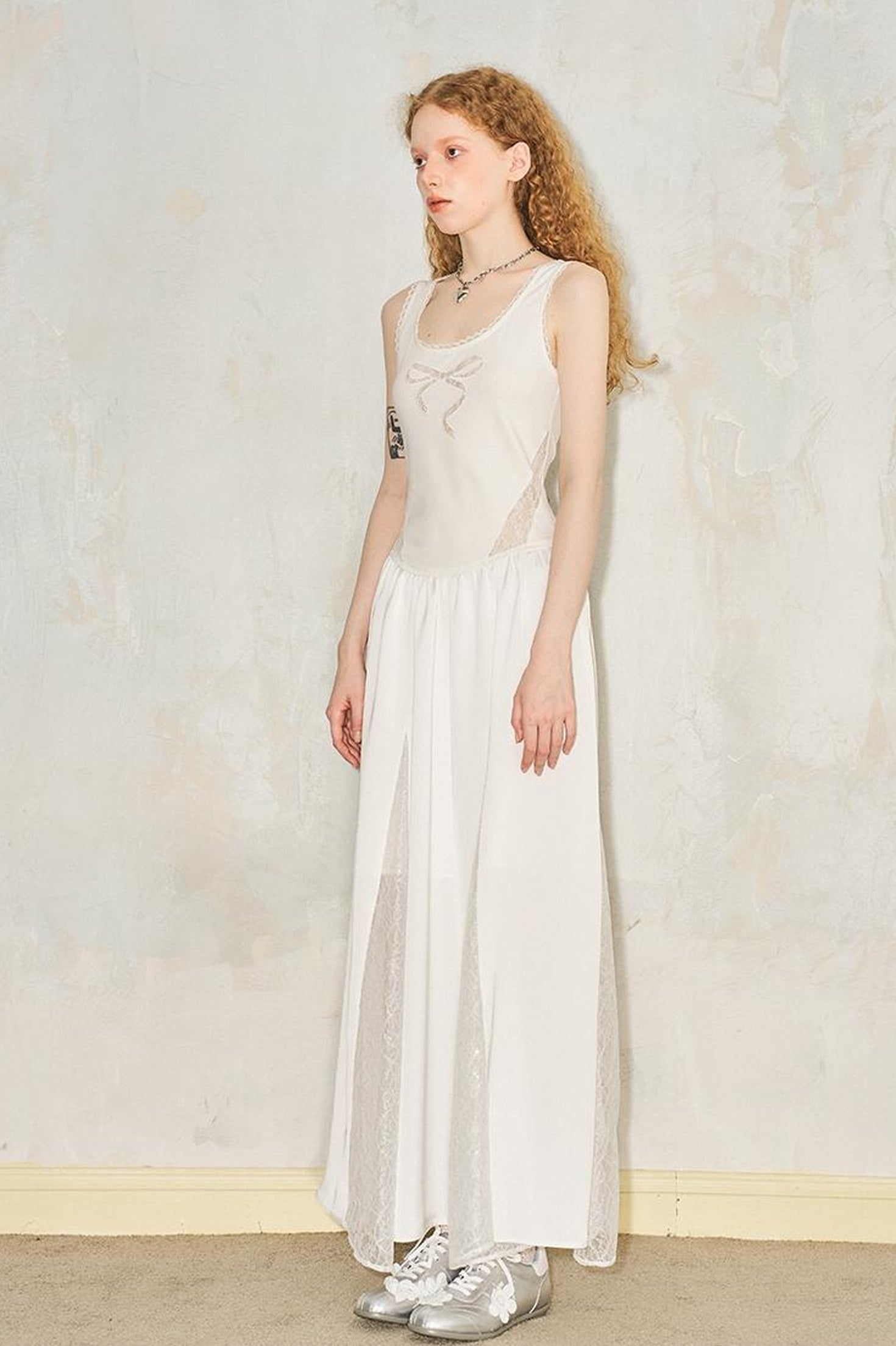 DIDDI MODA Vacation Lace Bow A Line Dress With Floral Embroidery