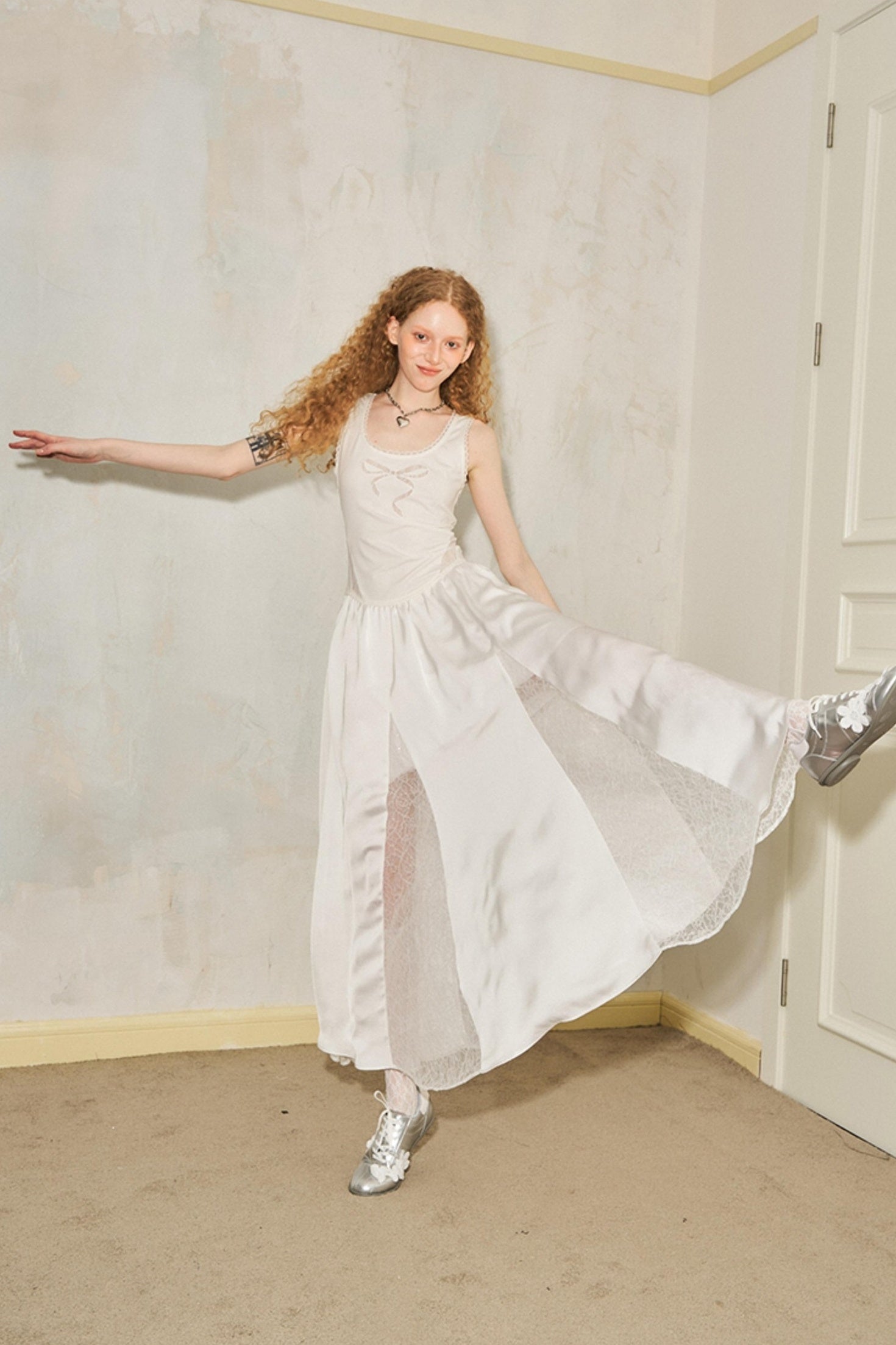 DIDDI MODA Vacation Lace Bow A Line Dress With Floral Embroidery