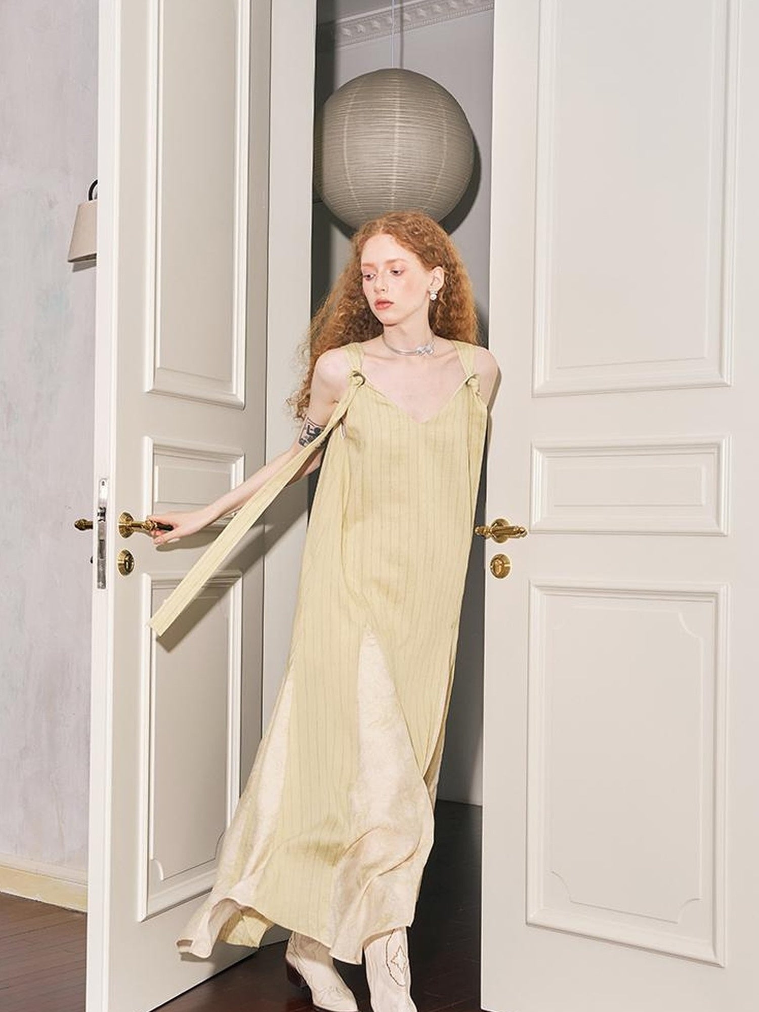 DIDDI MODA Vacation Style Yellow V Neck Asymmetrical Sleeveless Dress