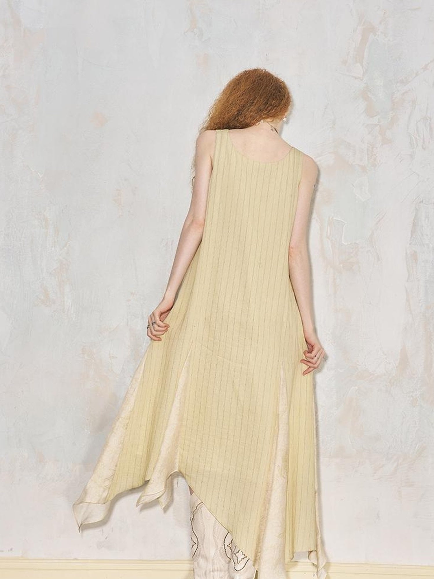 DIDDI MODA Vacation Style Yellow V Neck Asymmetrical Sleeveless Dress