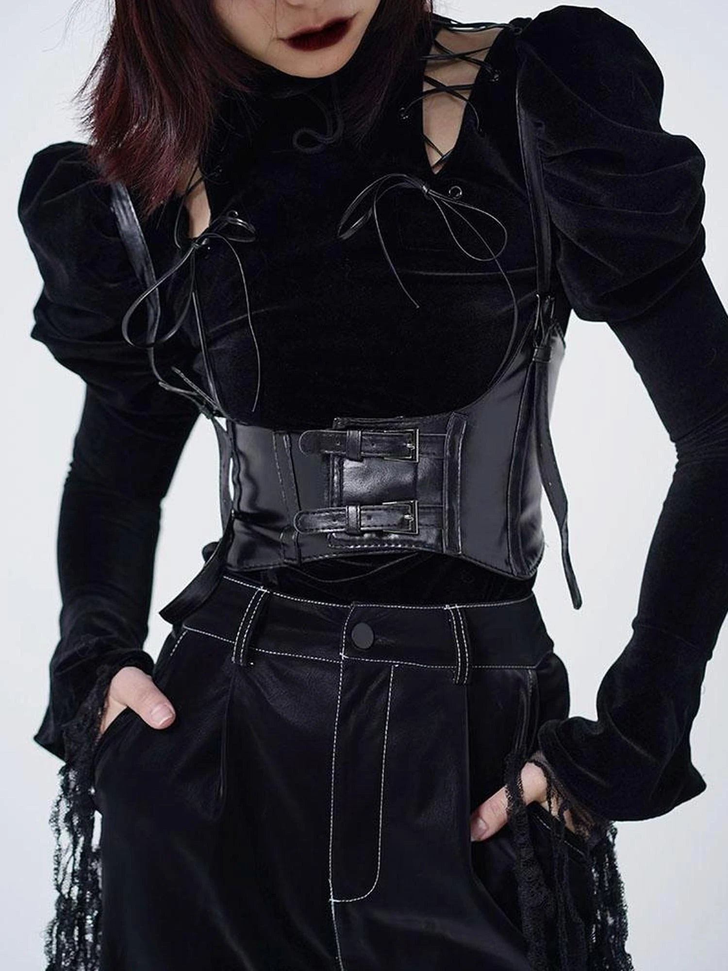 Velvet Noir Puff Sleeve Corset Top