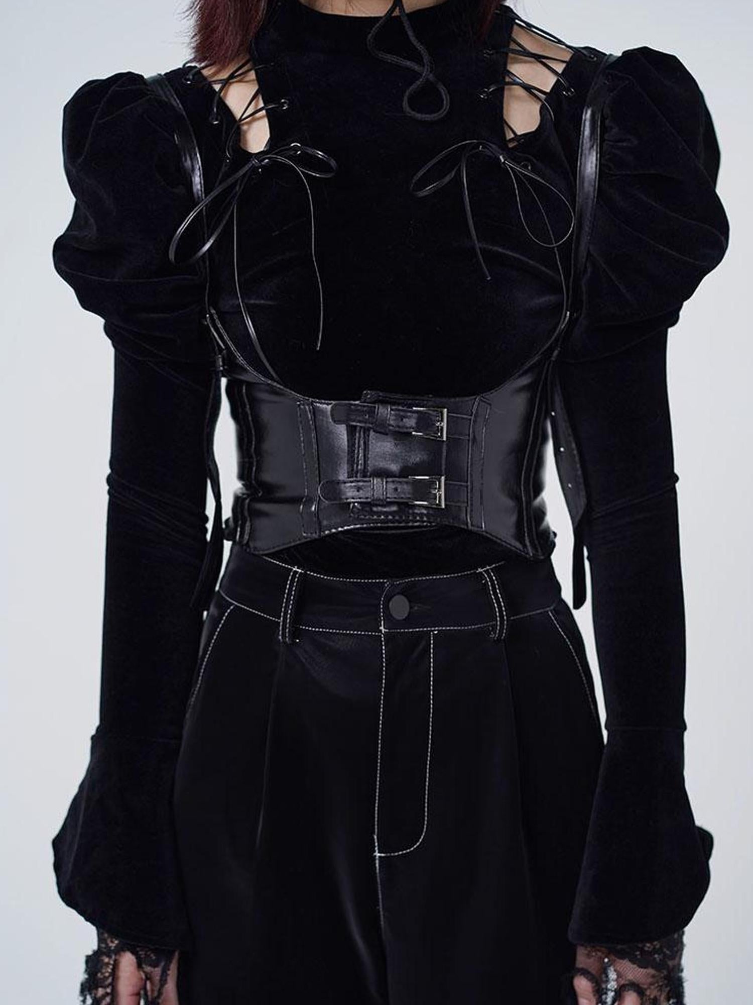 WSW WUSHENWU Velvet Noir Puff Sleeve Corset Top