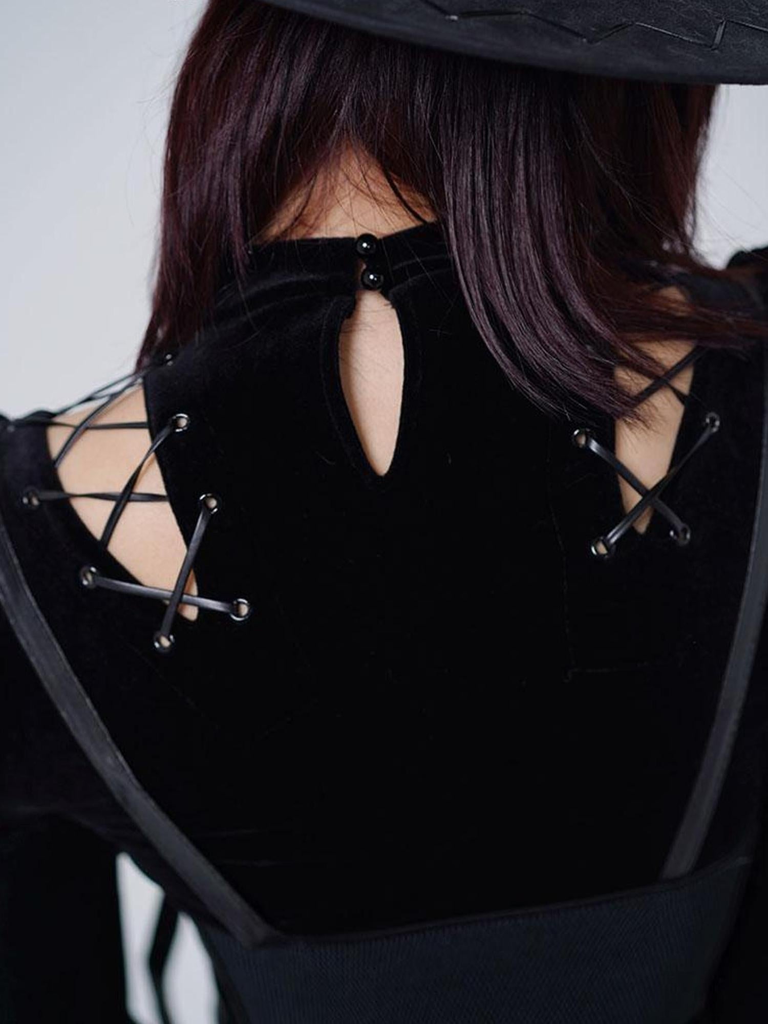 WSW WUSHENWU Velvet Noir Puff Sleeve Corset Top