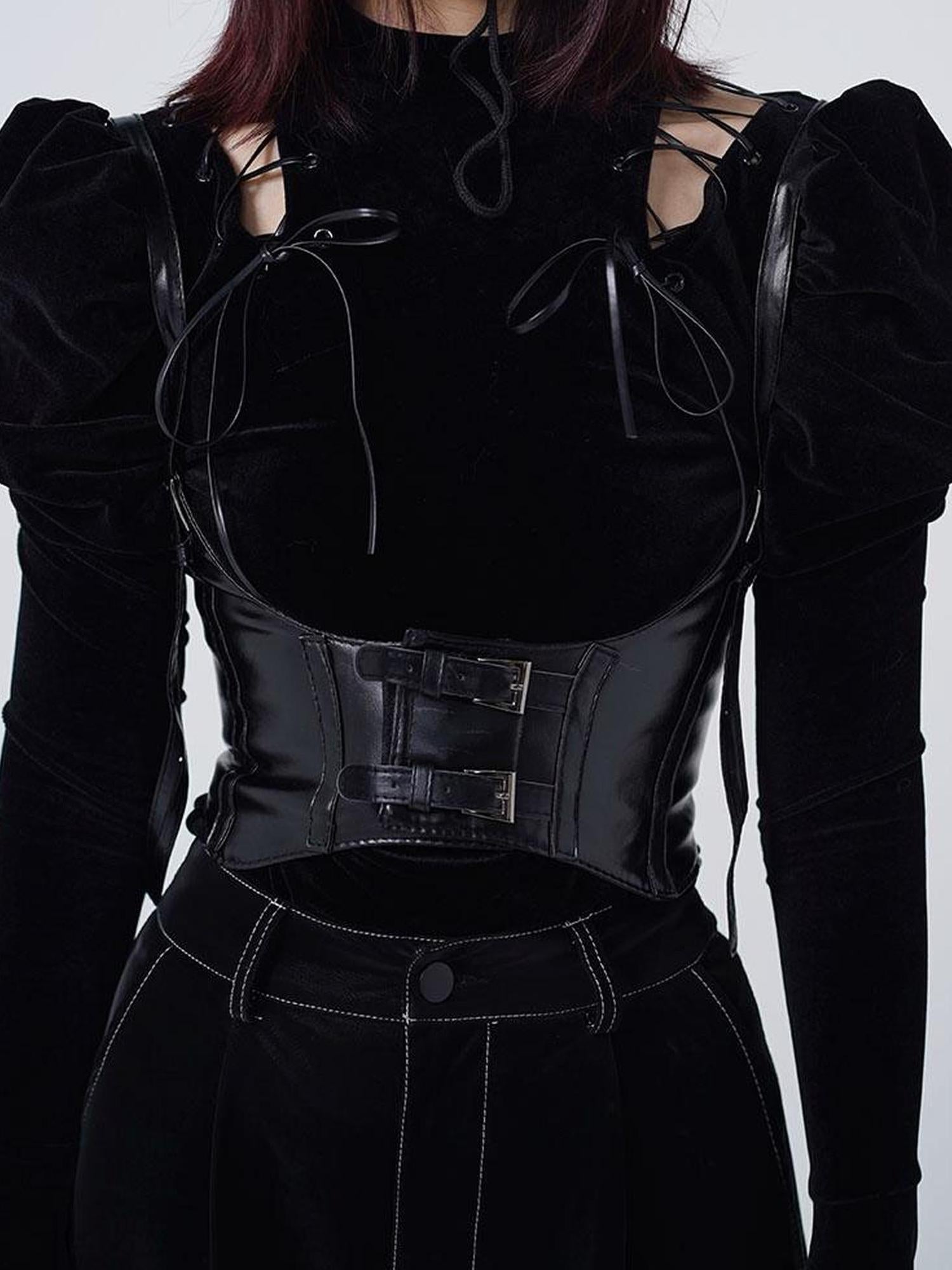 WSW WUSHENWU Velvet Noir Puff Sleeve Corset Top