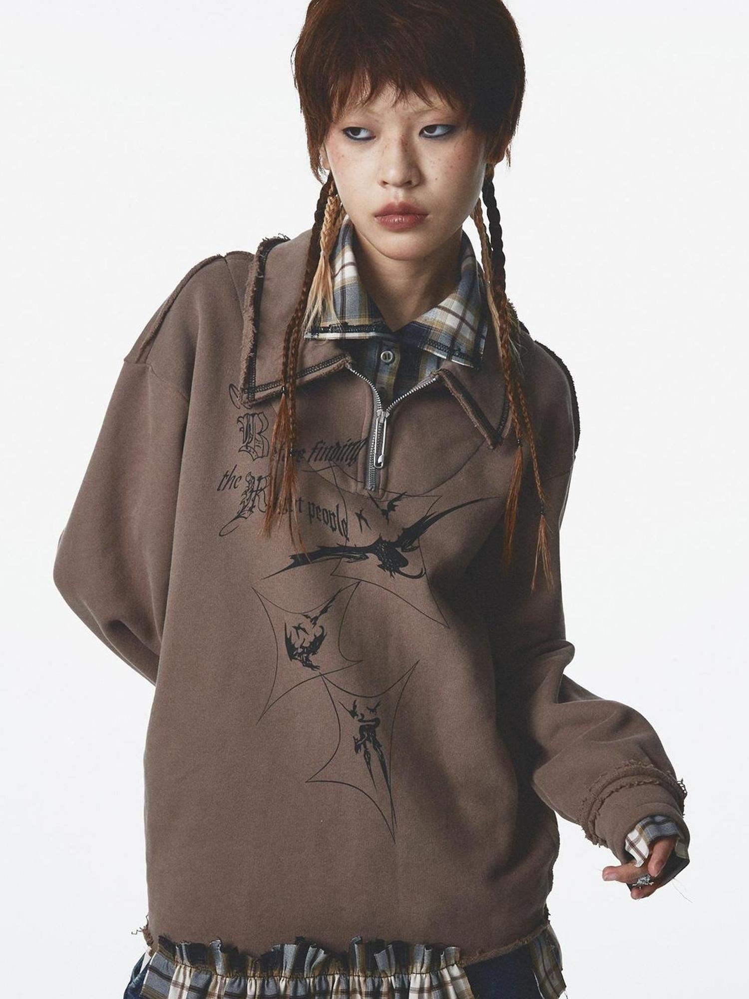 NONAME SPACE Velvet Print Zip Up With Stand Collar Detail