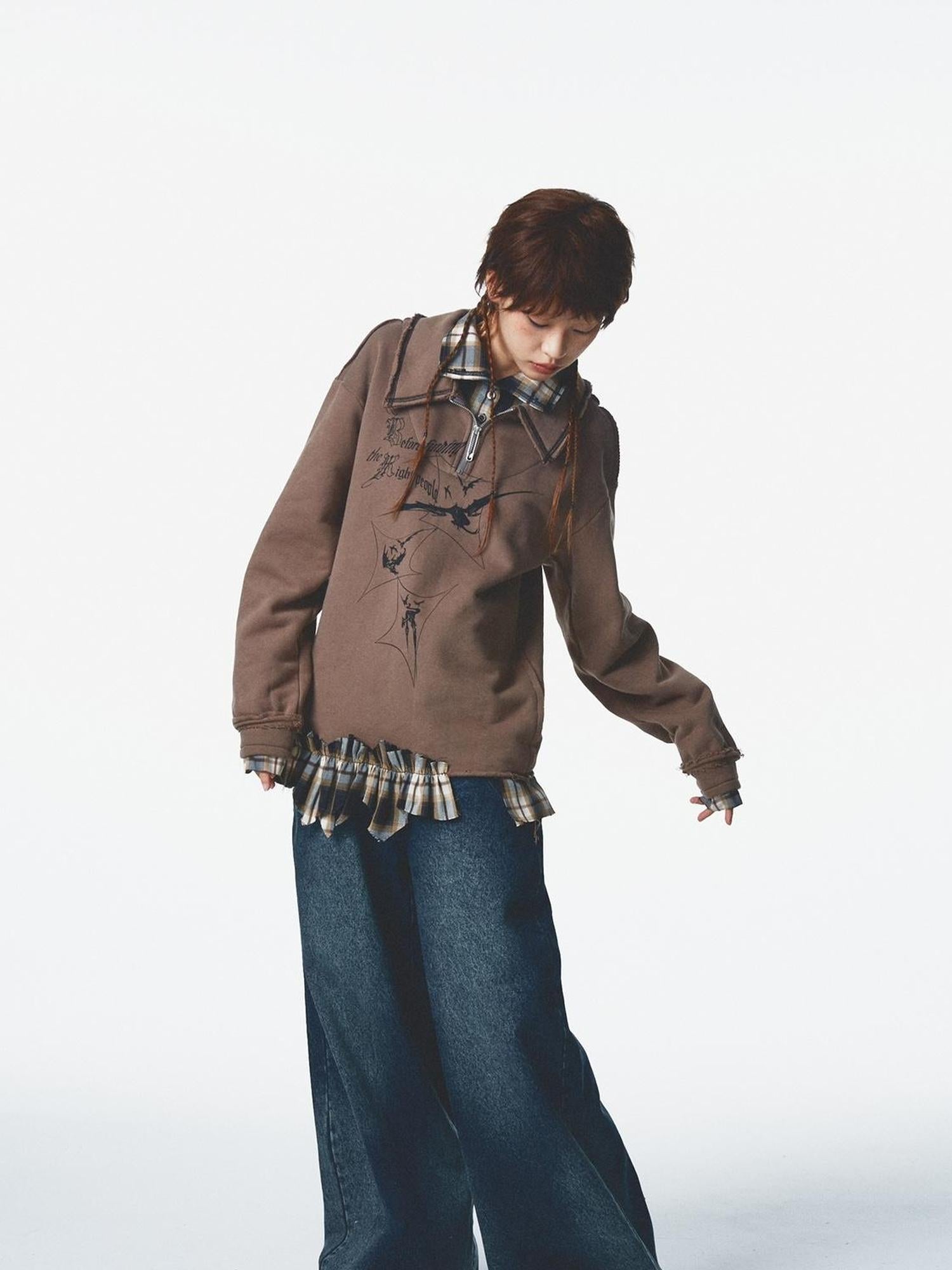NONAME SPACE Velvet Print Zip Up With Stand Collar Detail