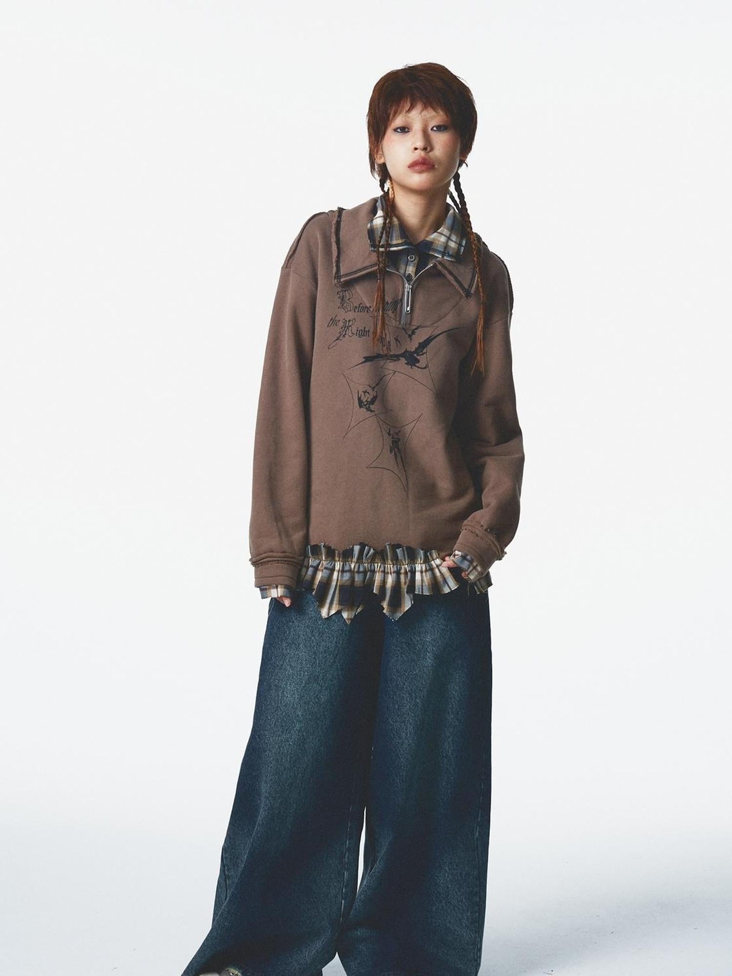 NONAME SPACE Velvet Print Zip Up With Stand Collar Detail