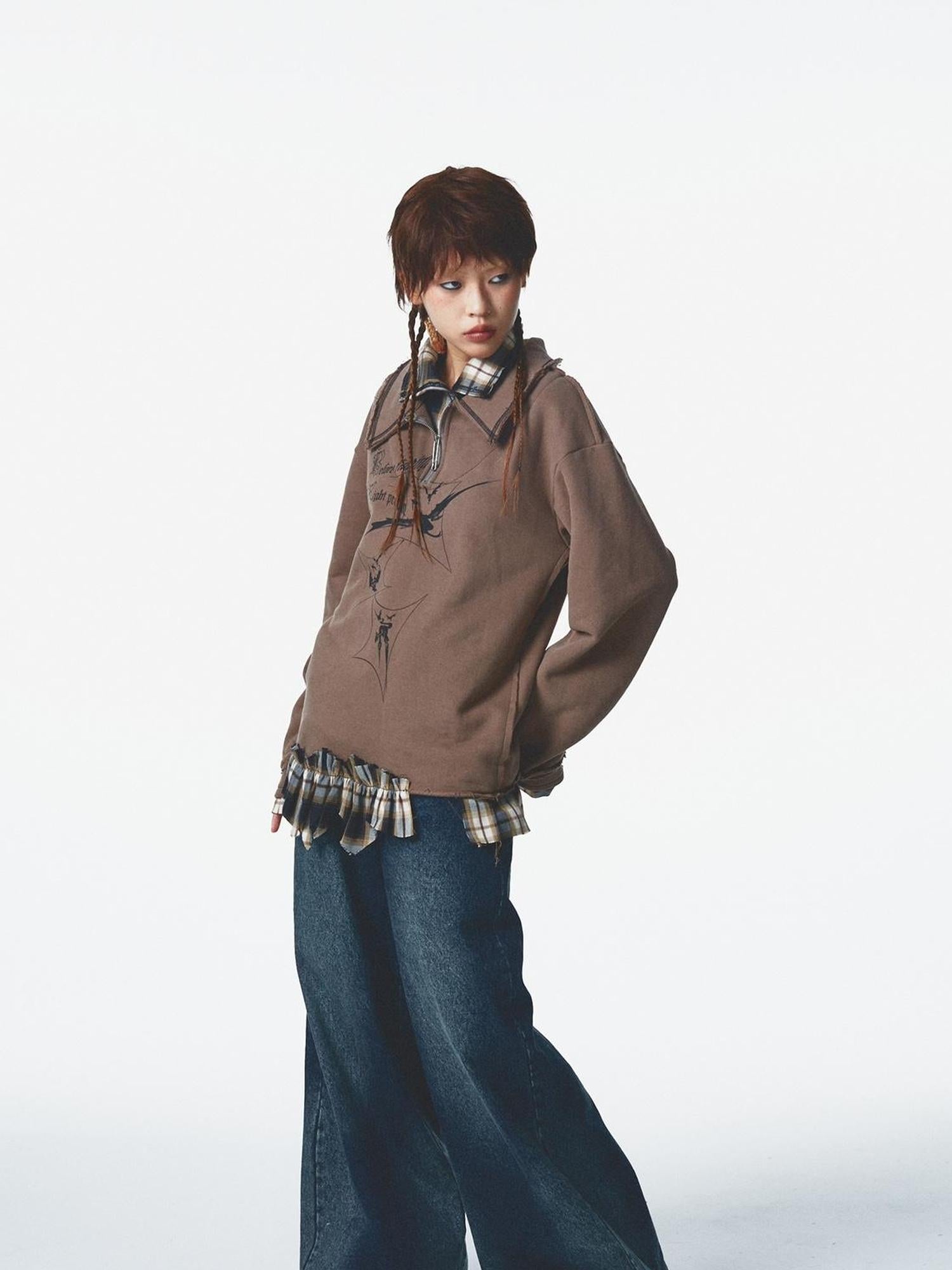 NONAME SPACE Velvet Print Zip Up With Stand Collar Detail