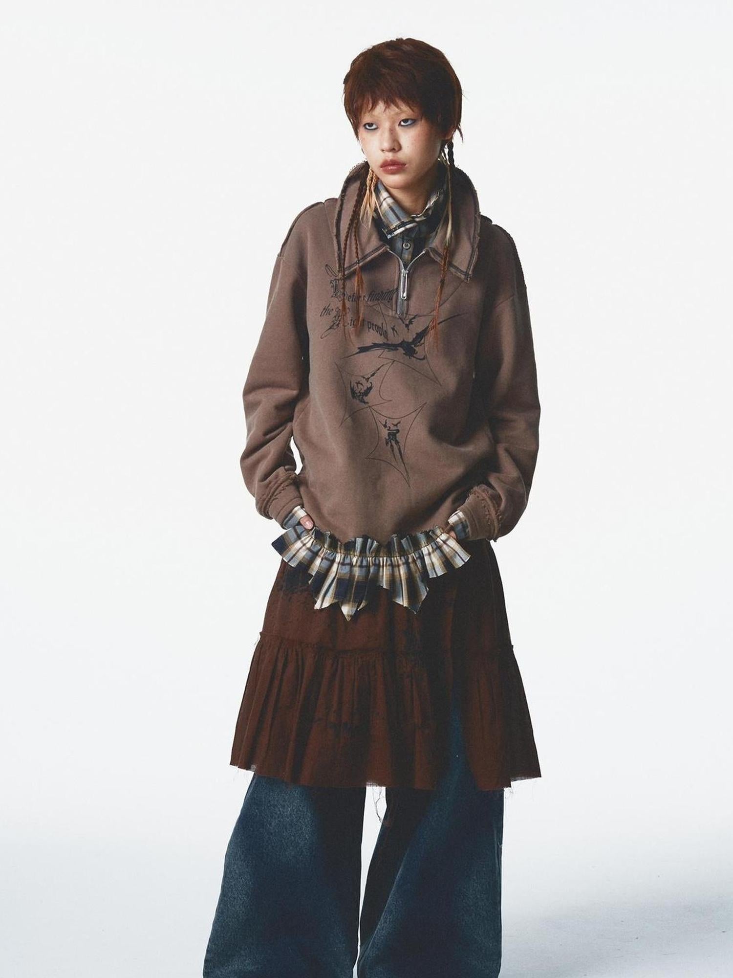 NONAME SPACE Velvet Print Zip Up With Stand Collar Detail