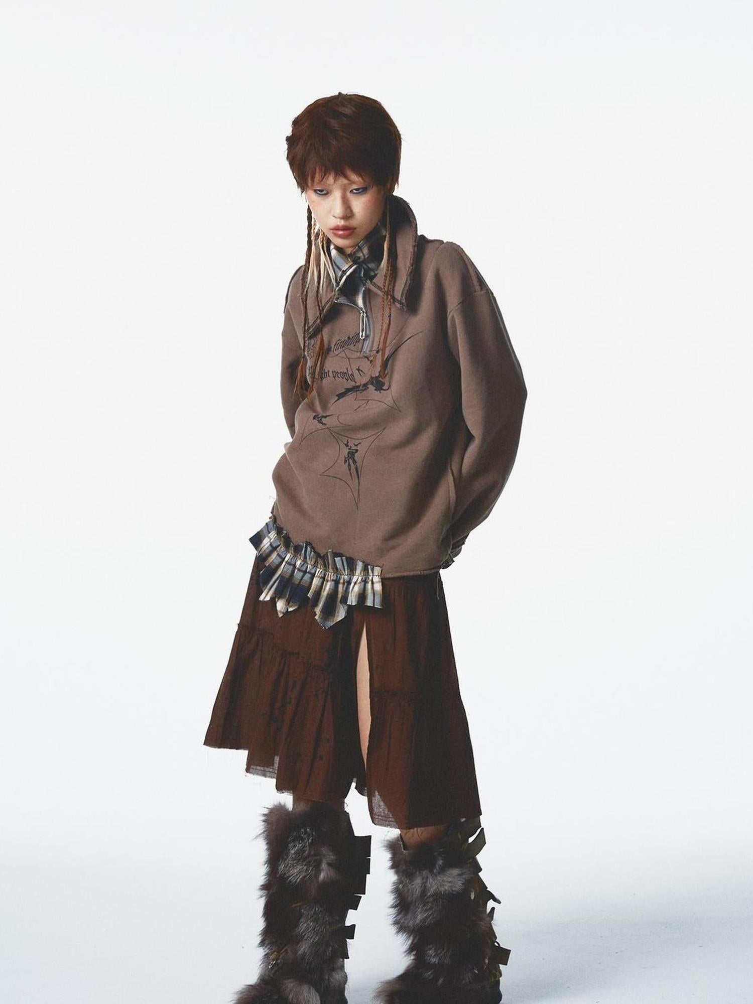 NONAME SPACE Velvet Print Zip Up With Stand Collar Detail