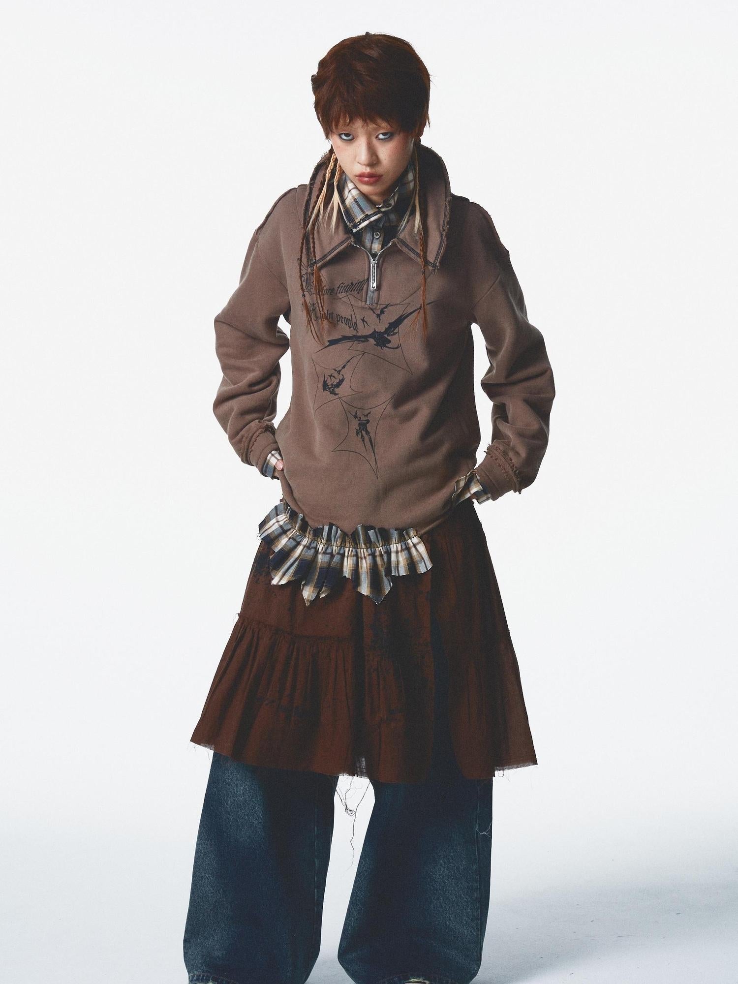 NONAME SPACE Velvet Print Zip Up With Stand Collar Detail