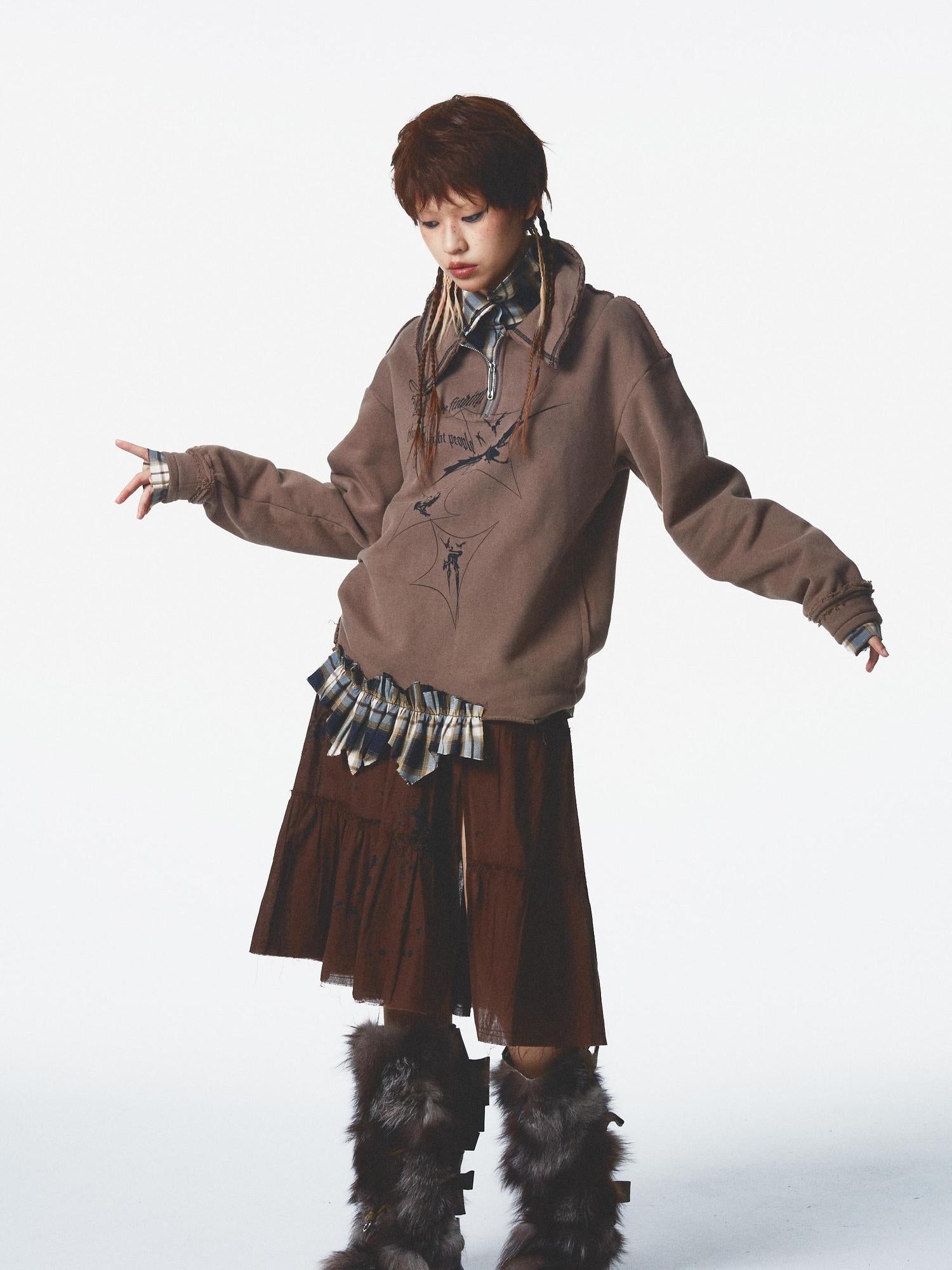 NONAME SPACE Velvet Print Zip Up With Stand Collar Detail