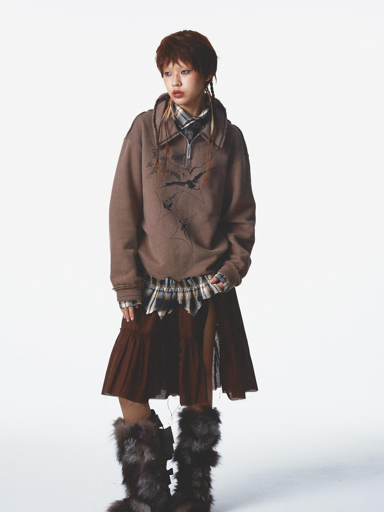 NONAME SPACE Velvet Print Zip Up With Stand Collar Detail