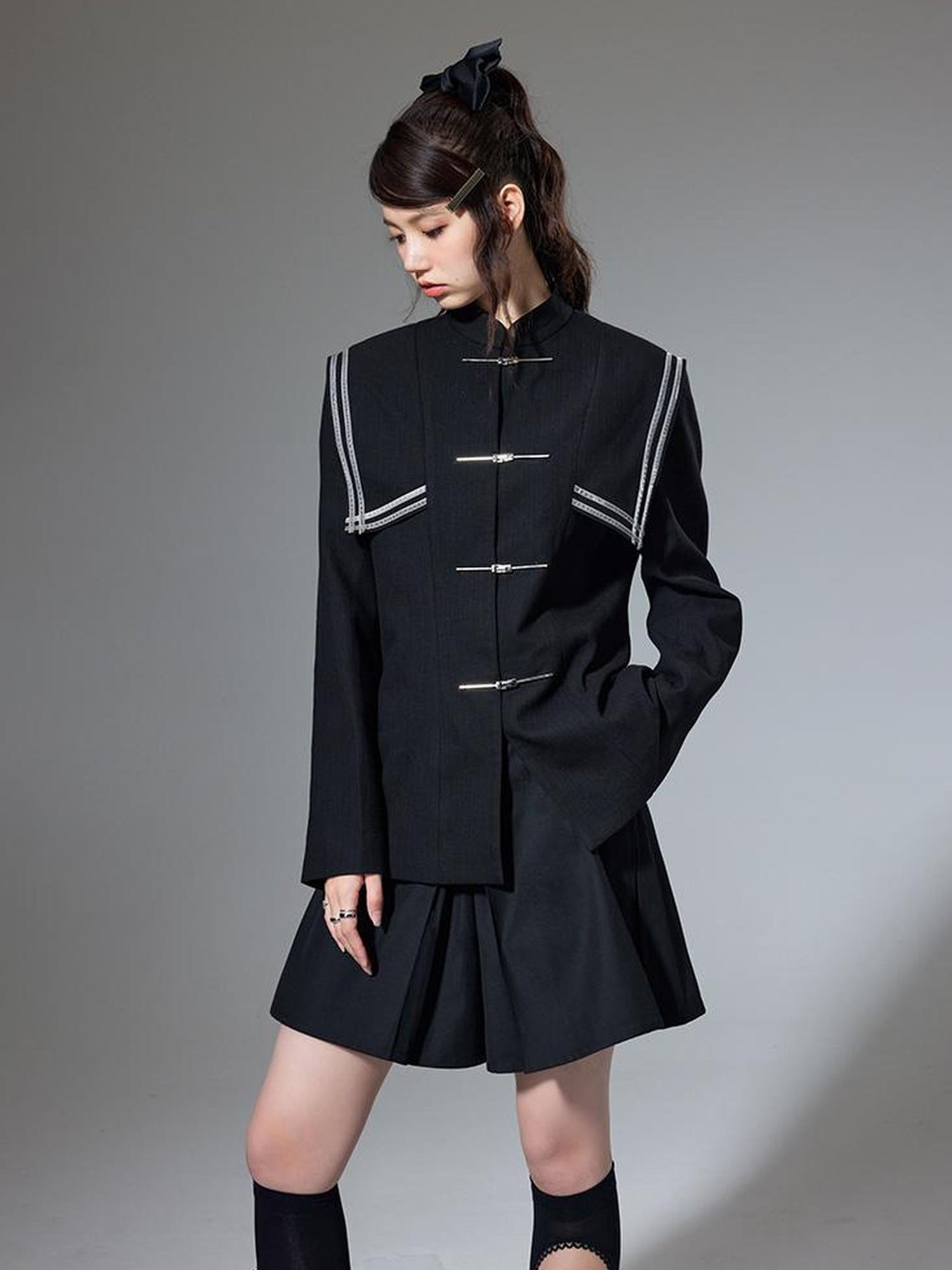 DIDDI MODA Velvet Trimmed Chic Chinese Collar Blazer