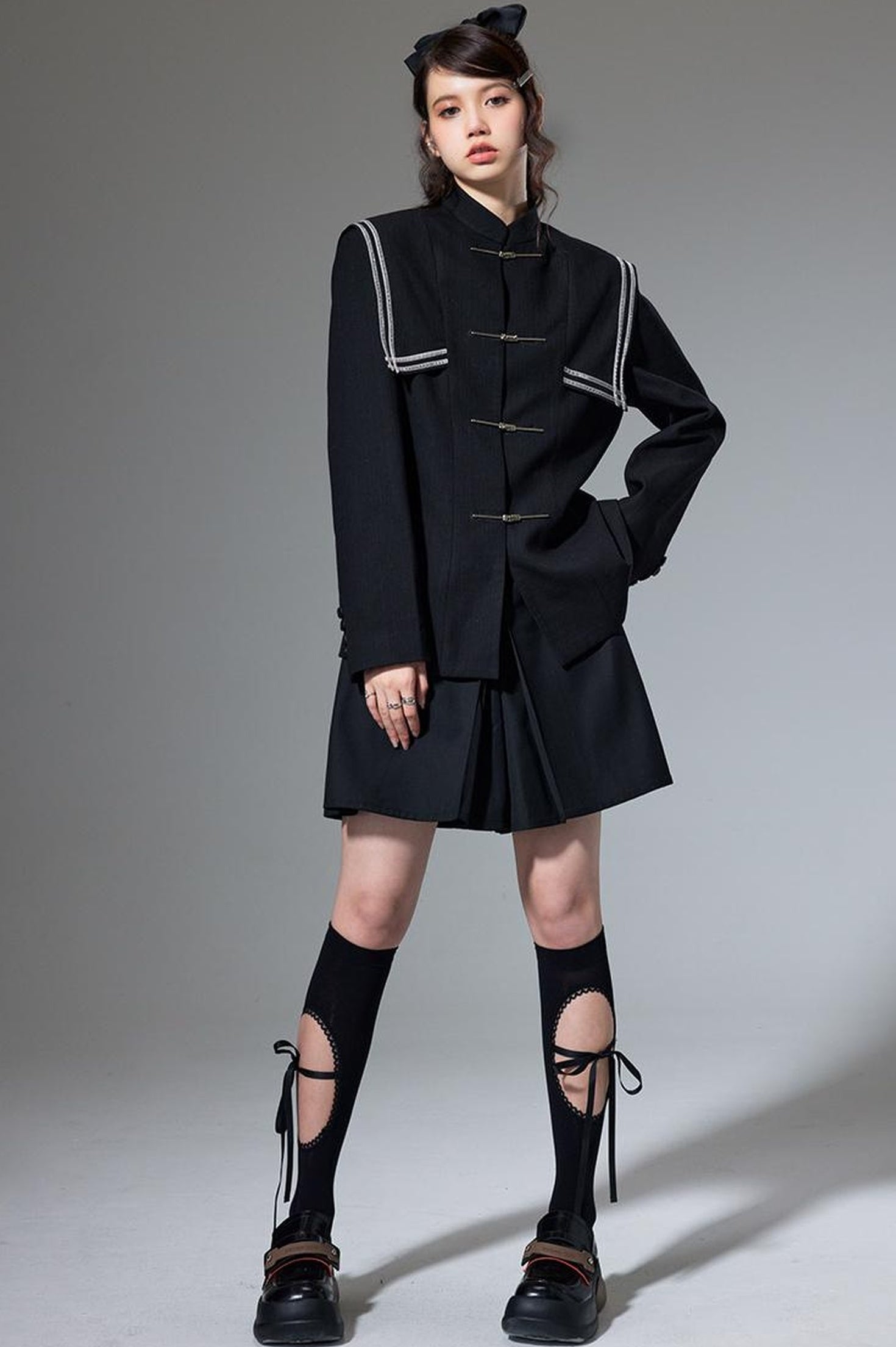 DIDDI MODA Velvet Trimmed Chic Chinese Collar Blazer