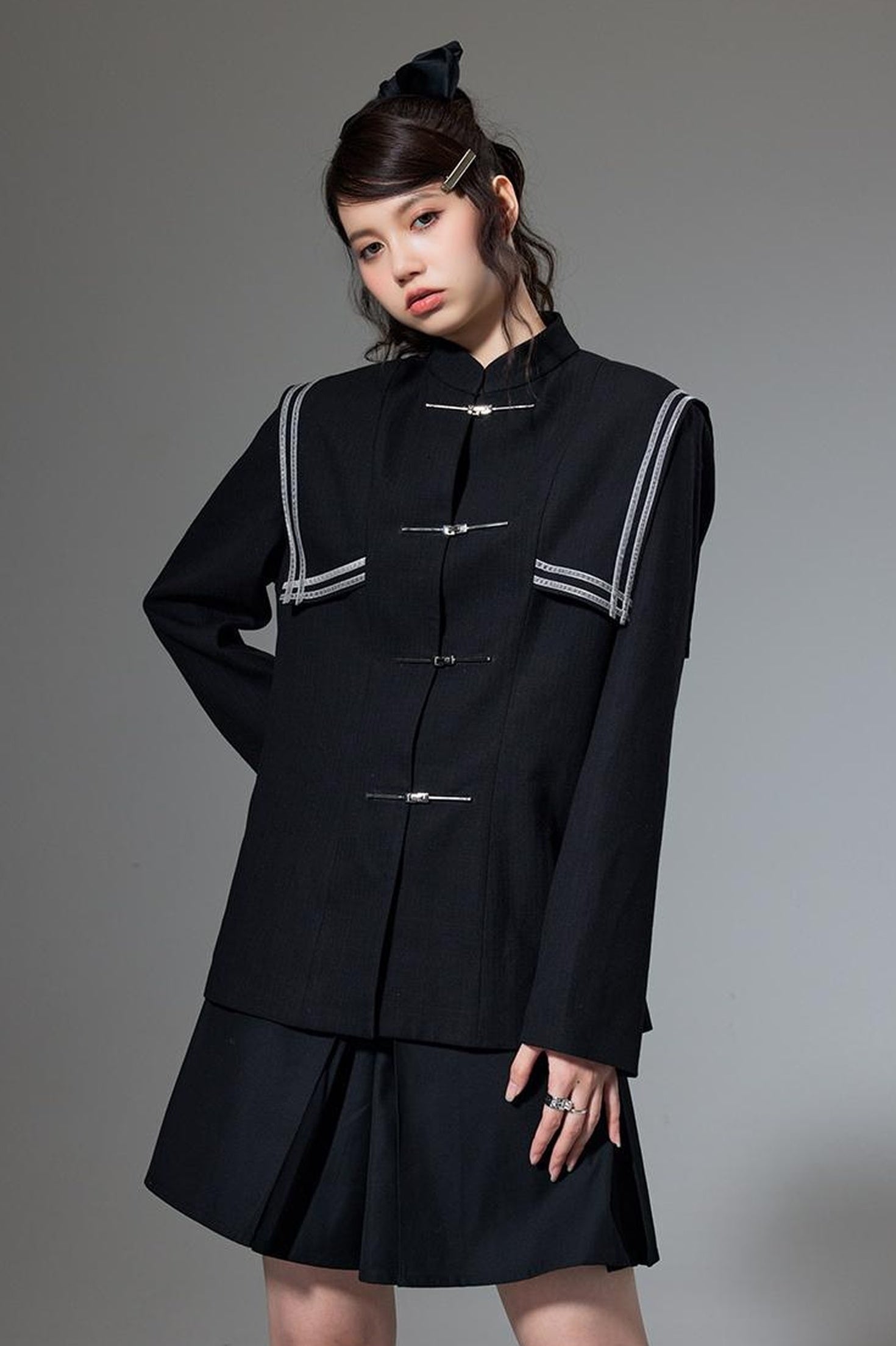 DIDDI MODA Velvet Trimmed Chic Chinese Collar Blazer