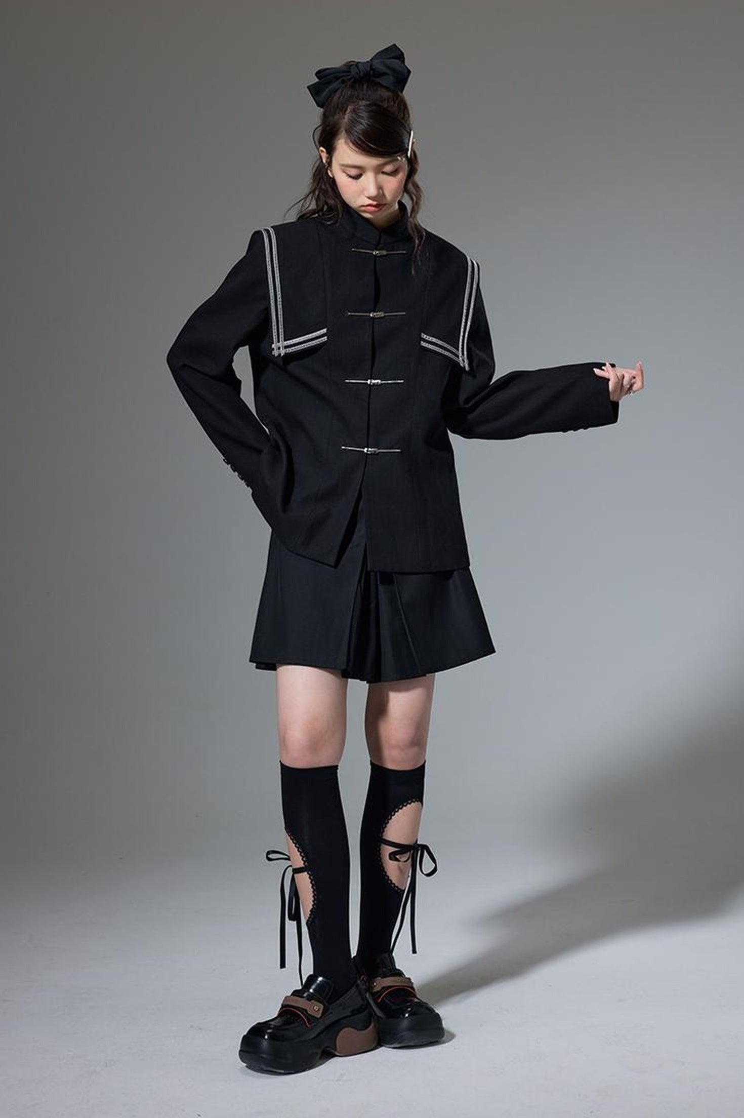 DIDDI MODA Velvet Trimmed Chic Chinese Collar Blazer