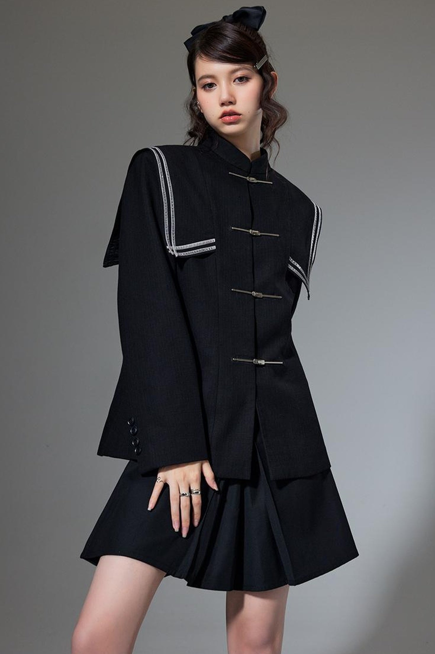 DIDDI MODA Velvet Trimmed Chic Chinese Collar Blazer