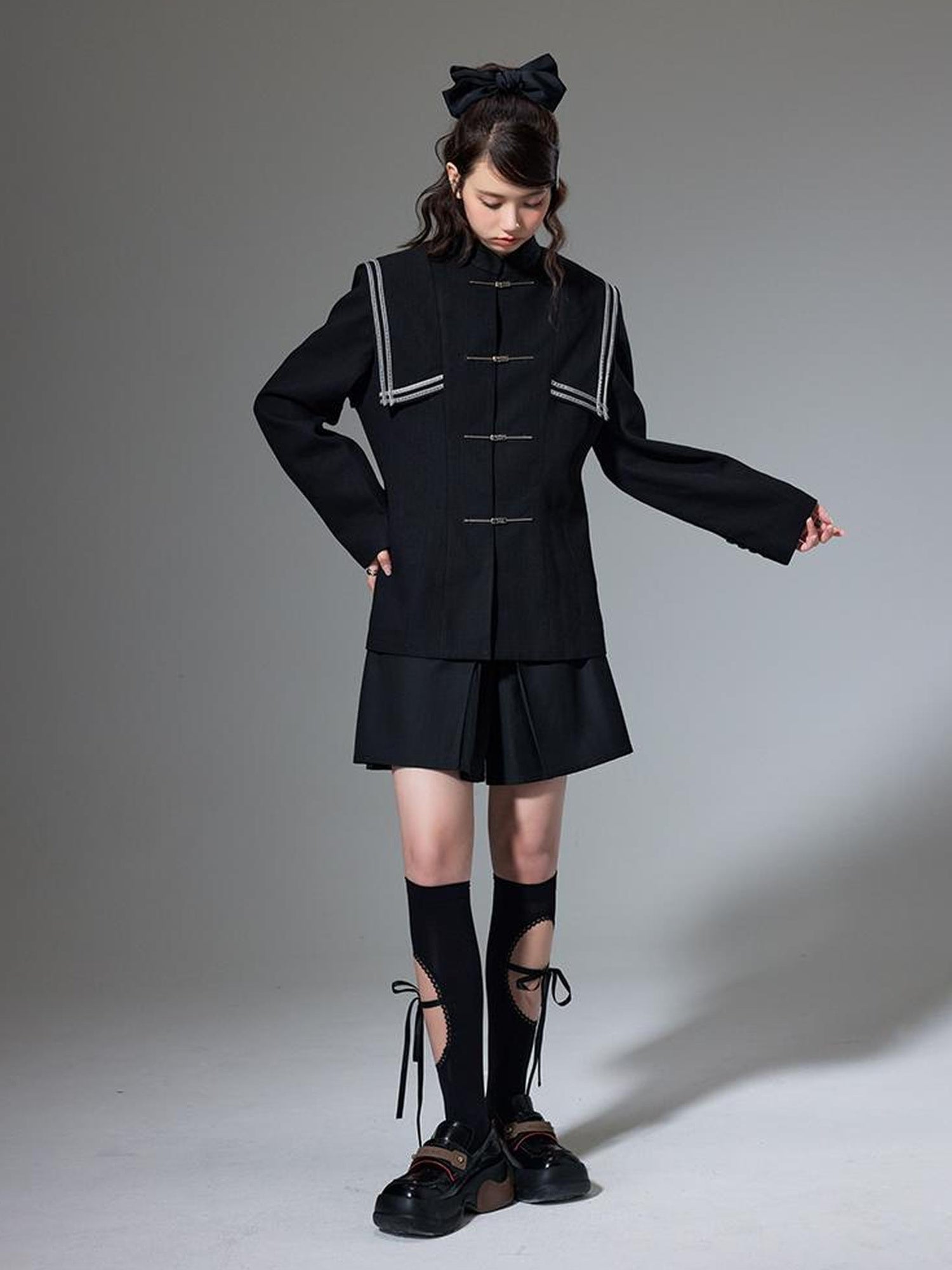 DIDDI MODA Velvet Trimmed Chic Chinese Collar Blazer