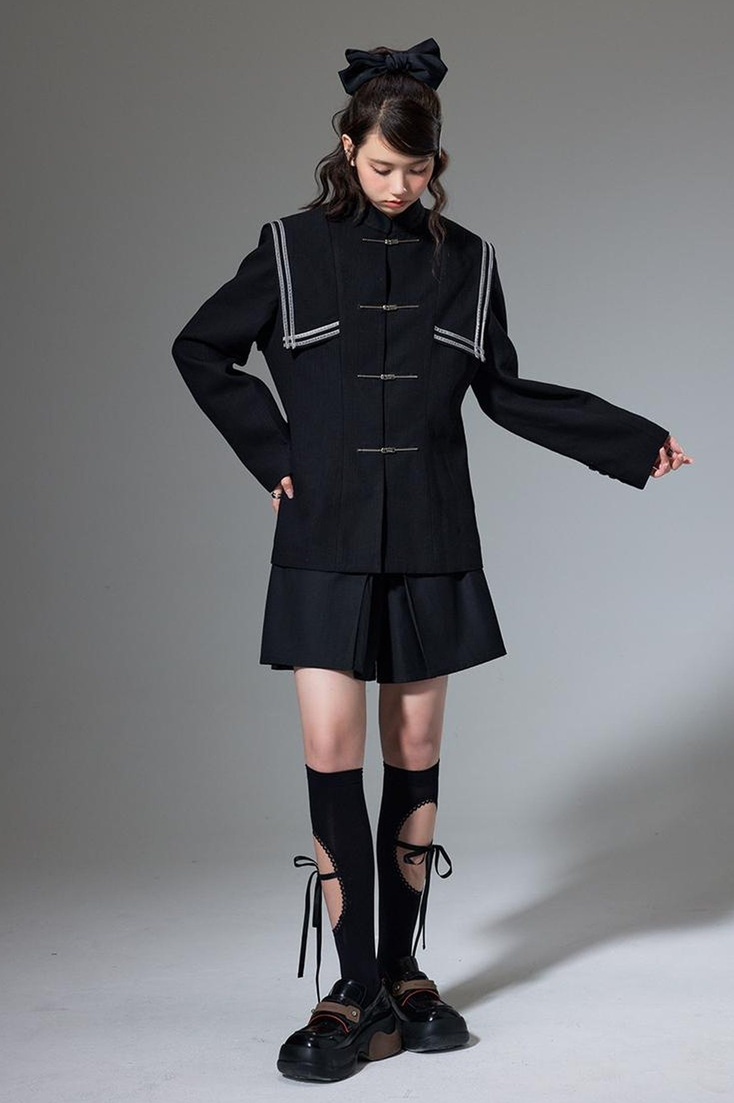 DIDDI MODA Velvet Trimmed Chic Chinese Collar Blazer