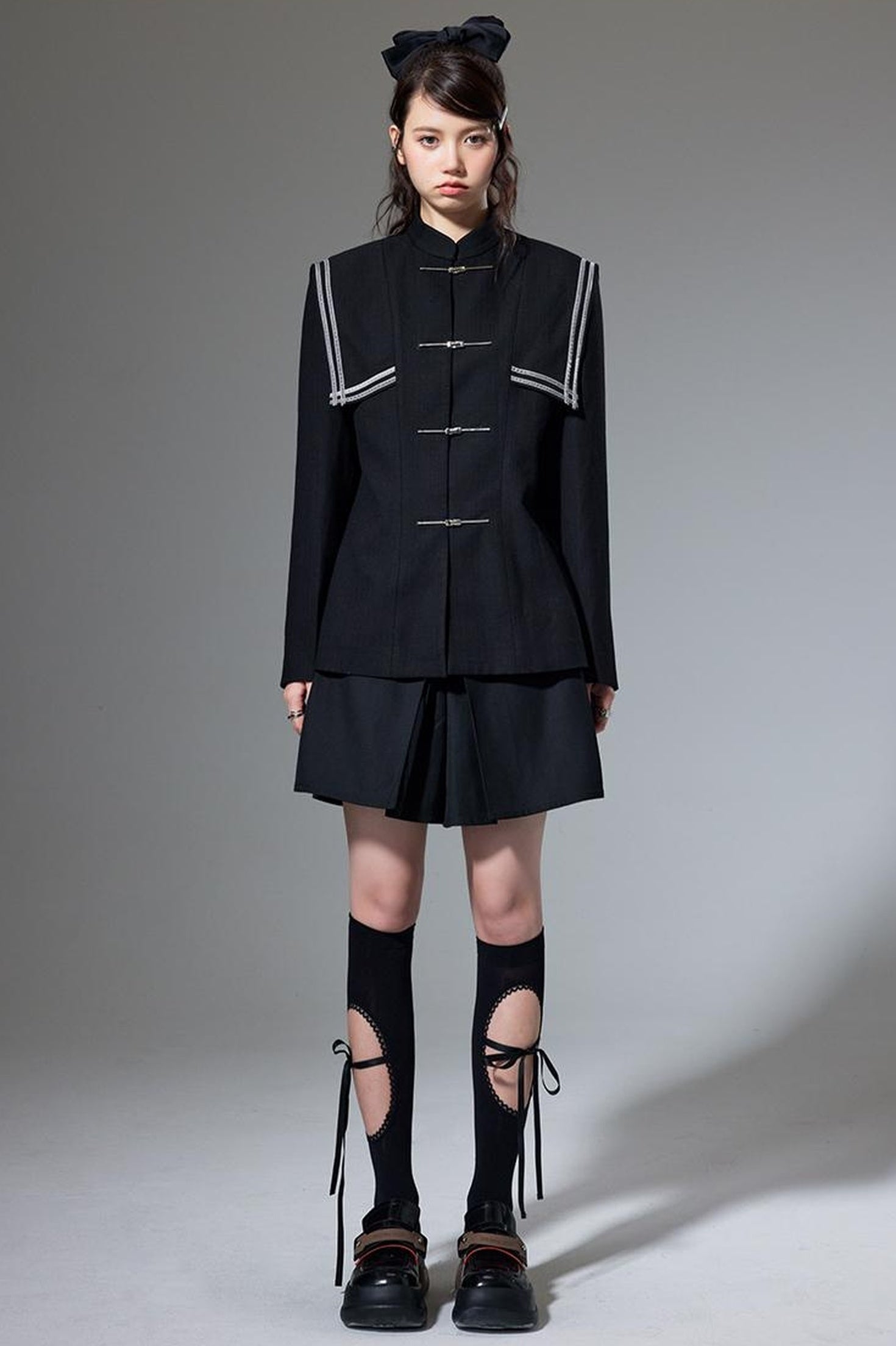 DIDDI MODA Velvet Trimmed Chic Chinese Collar Blazer