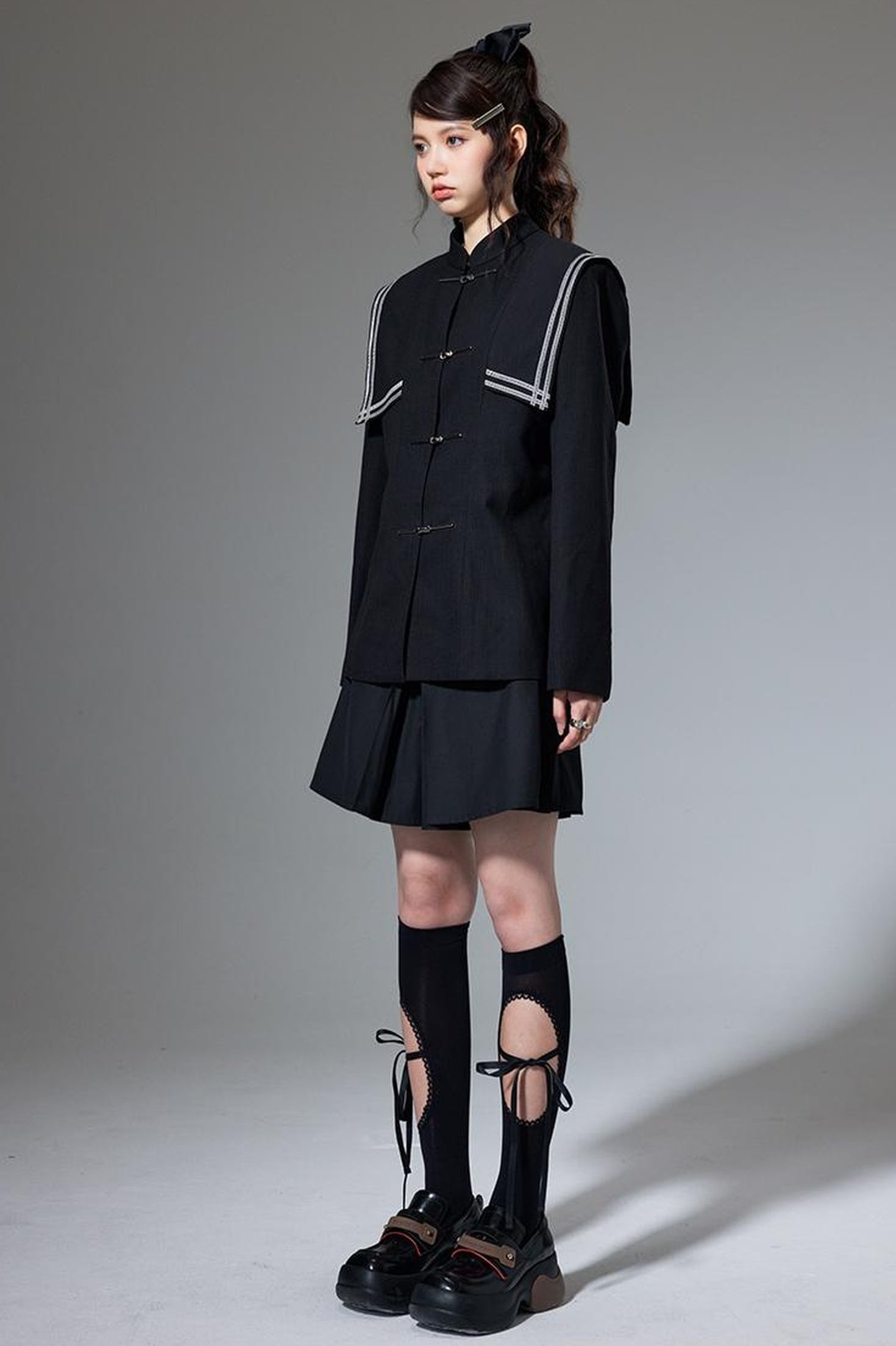 DIDDI MODA Velvet Trimmed Chic Chinese Collar Blazer