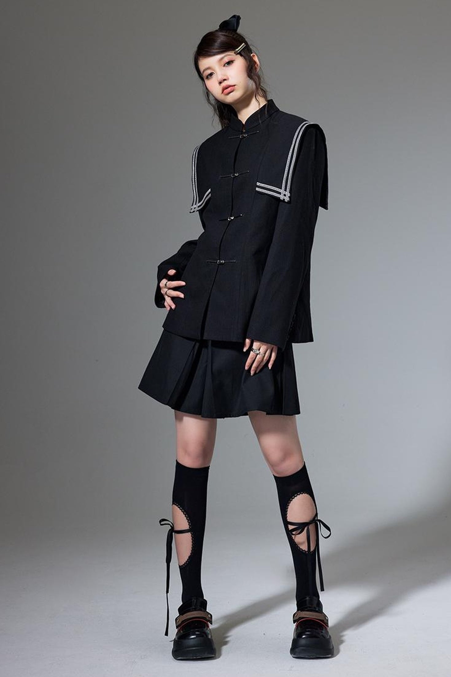 DIDDI MODA Velvet Trimmed Chic Chinese Collar Blazer